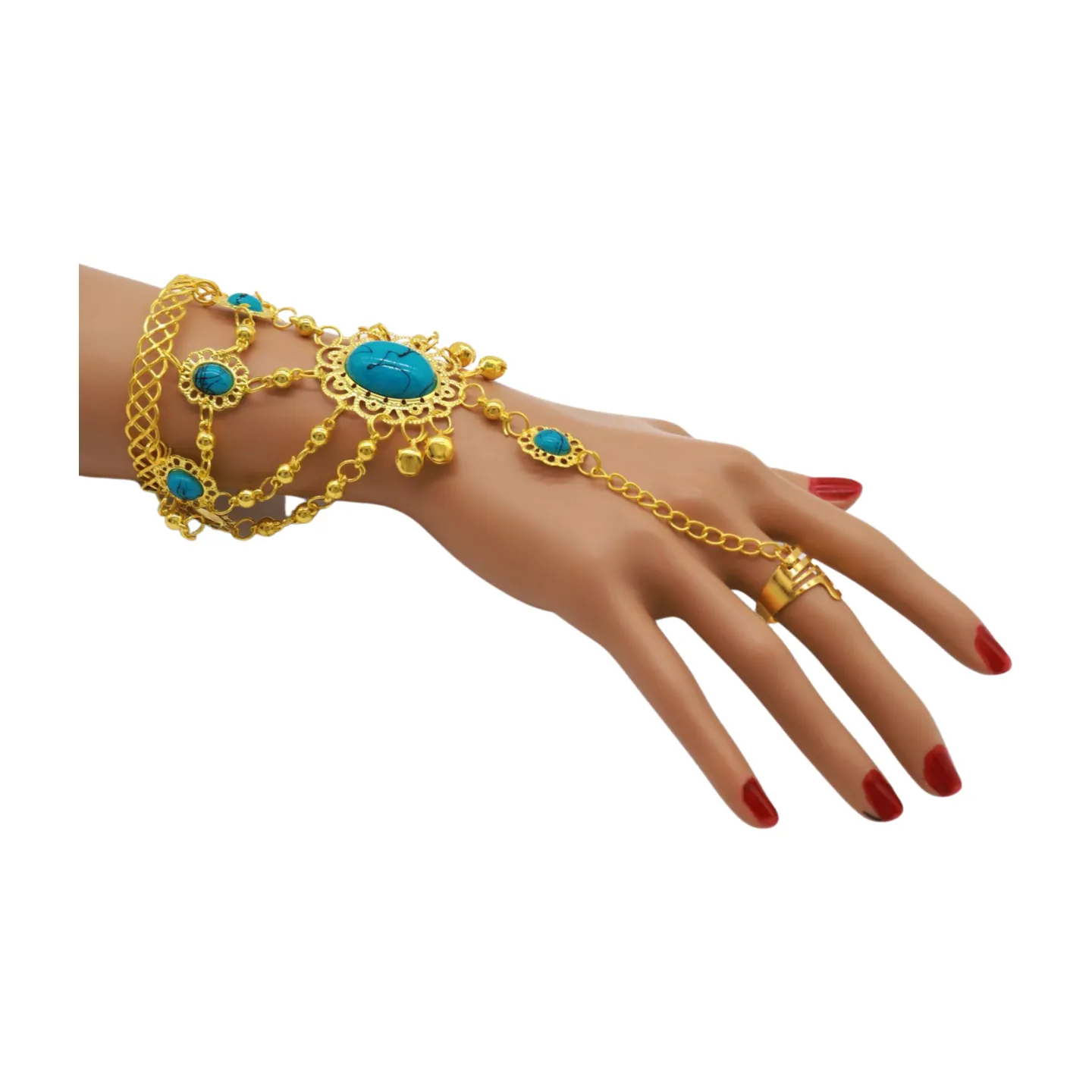 Women Gold Metal Hand Chain Cuff Bracelet Ring Turquoise Blue Beads