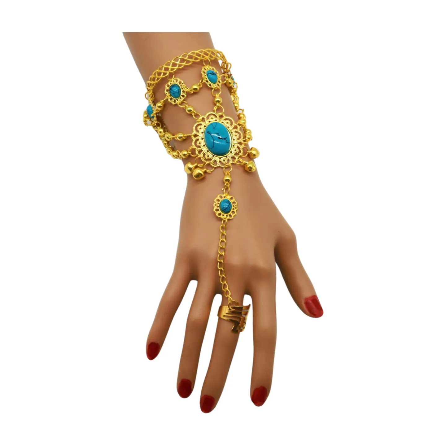 Women Gold Metal Hand Chain Cuff Bracelet Ring Turquoise Blue Beads