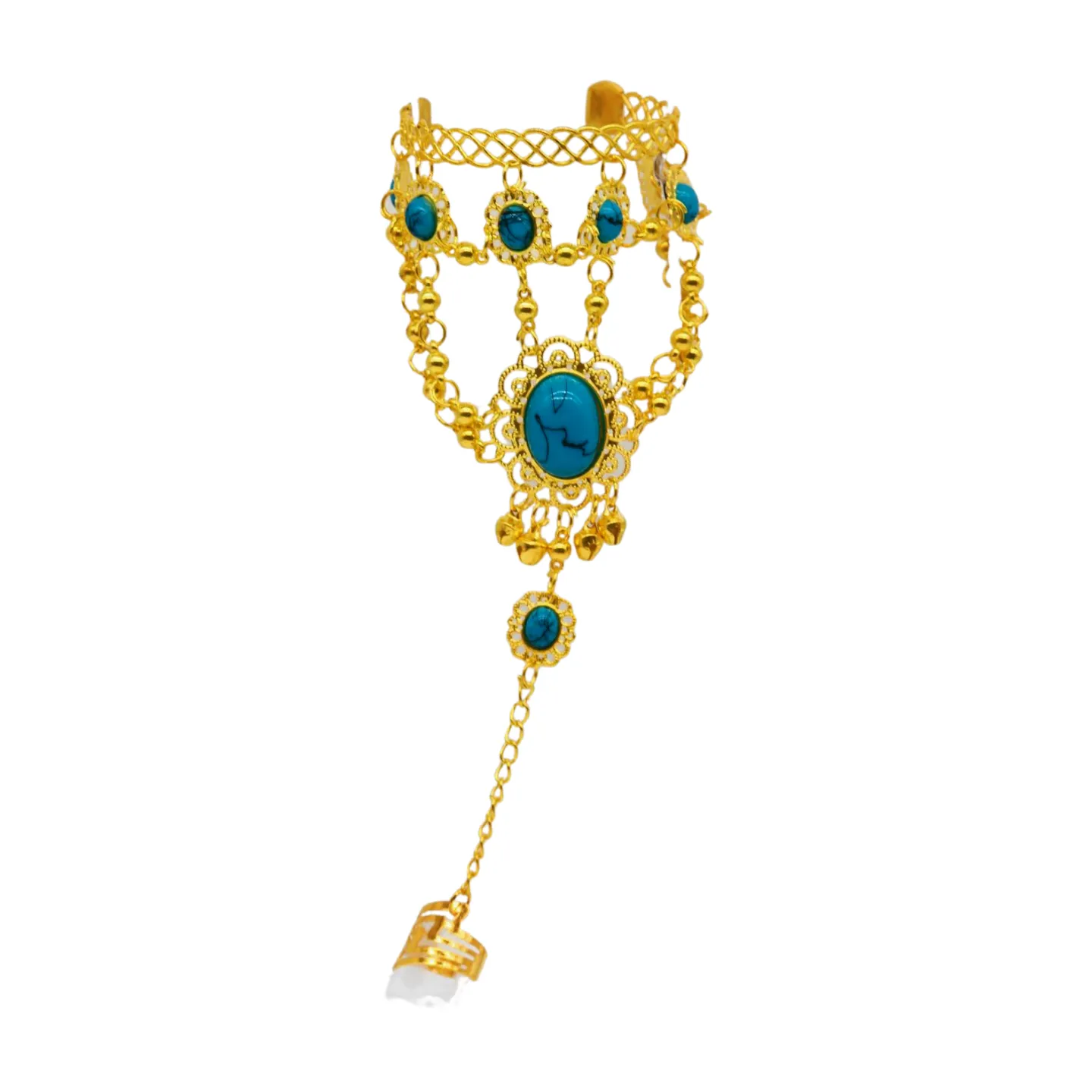Women Gold Metal Hand Chain Cuff Bracelet Ring Turquoise Blue Beads