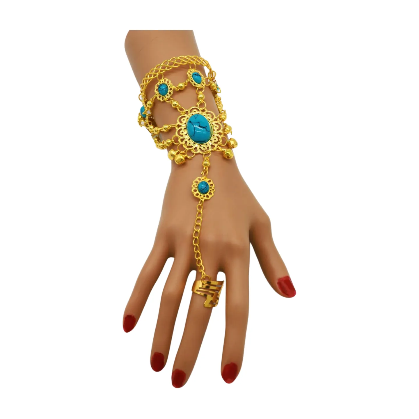 Women Gold Metal Hand Chain Cuff Bracelet Ring Turquoise Blue Beads
