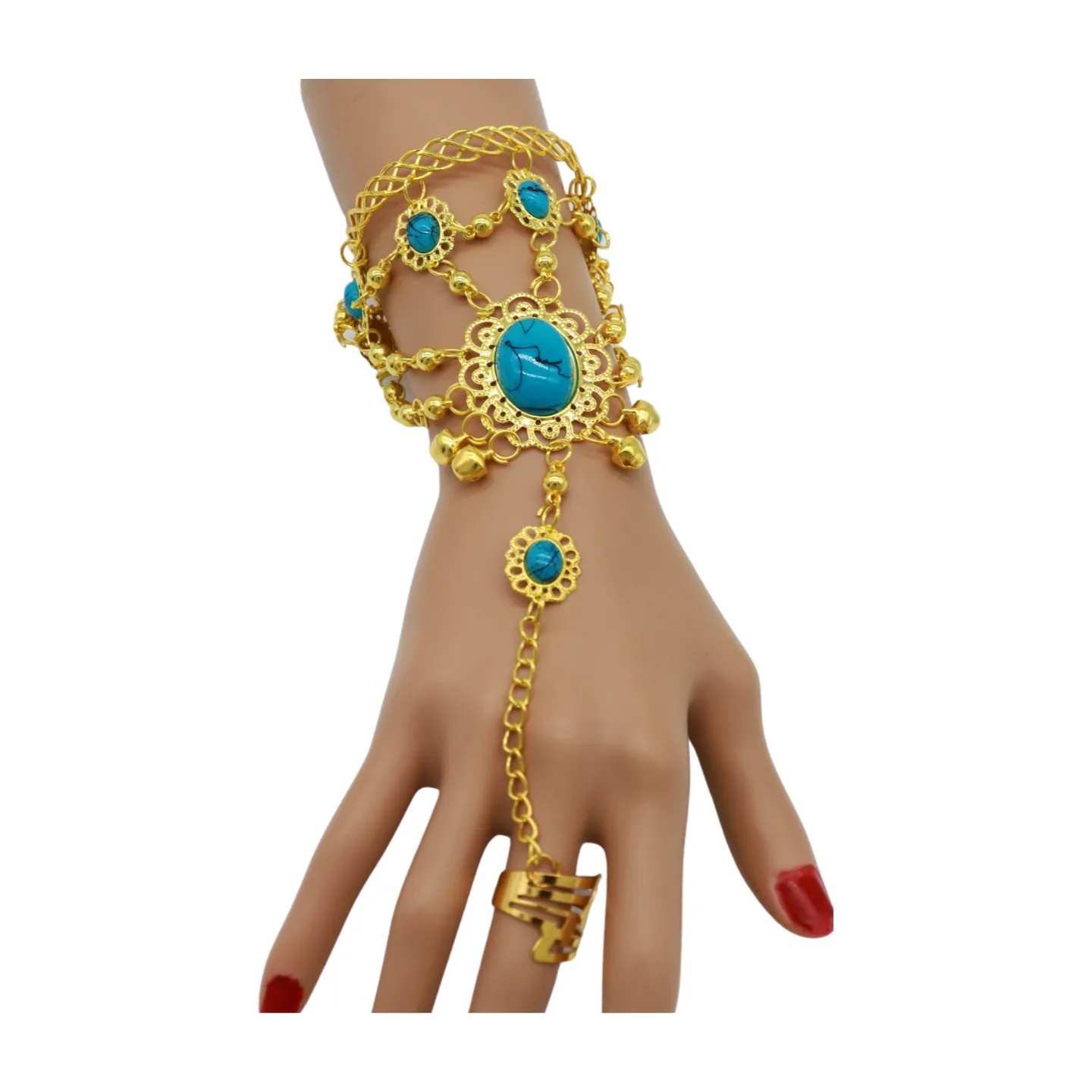 Women Gold Metal Hand Chain Cuff Bracelet Ring Turquoise Blue Beads