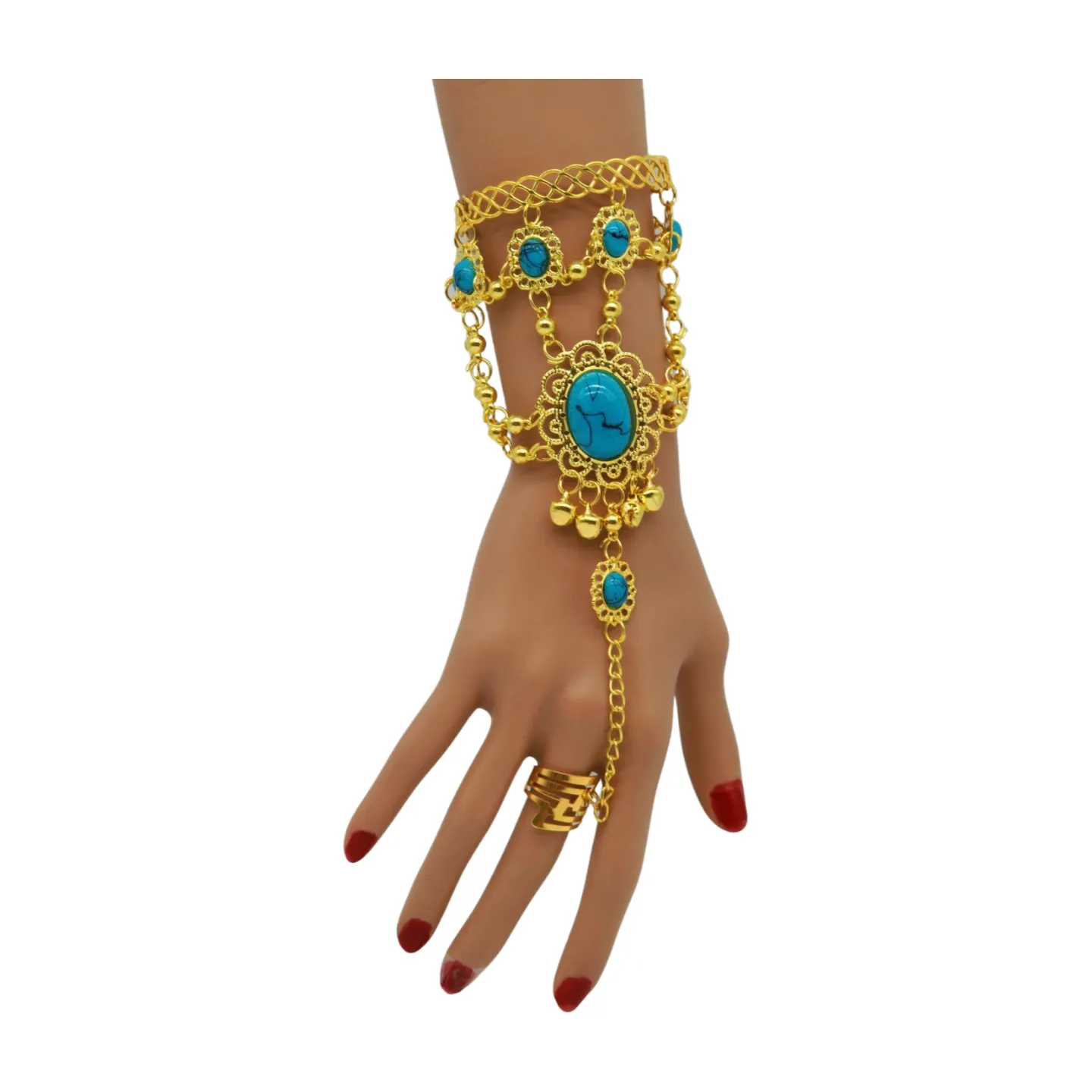 Women Gold Metal Hand Chain Cuff Bracelet Ring Turquoise Blue Beads