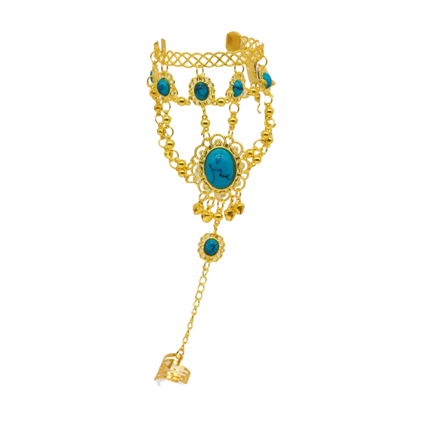 Women Gold Metal Hand Chain Cuff Bracelet Ring Turquoise Blue Beads