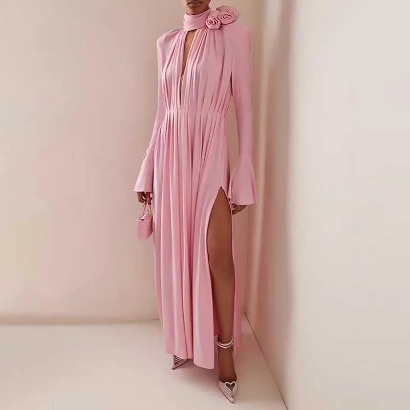Women Long Flared Sleeve Formal Dress Shoulder Padded High Slit Event Dress