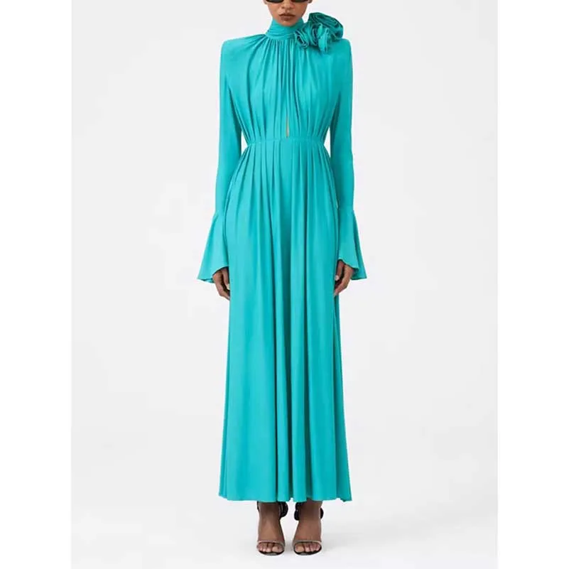 Women Long Flared Sleeve Formal Dress Shoulder Padded High Slit Event Dress