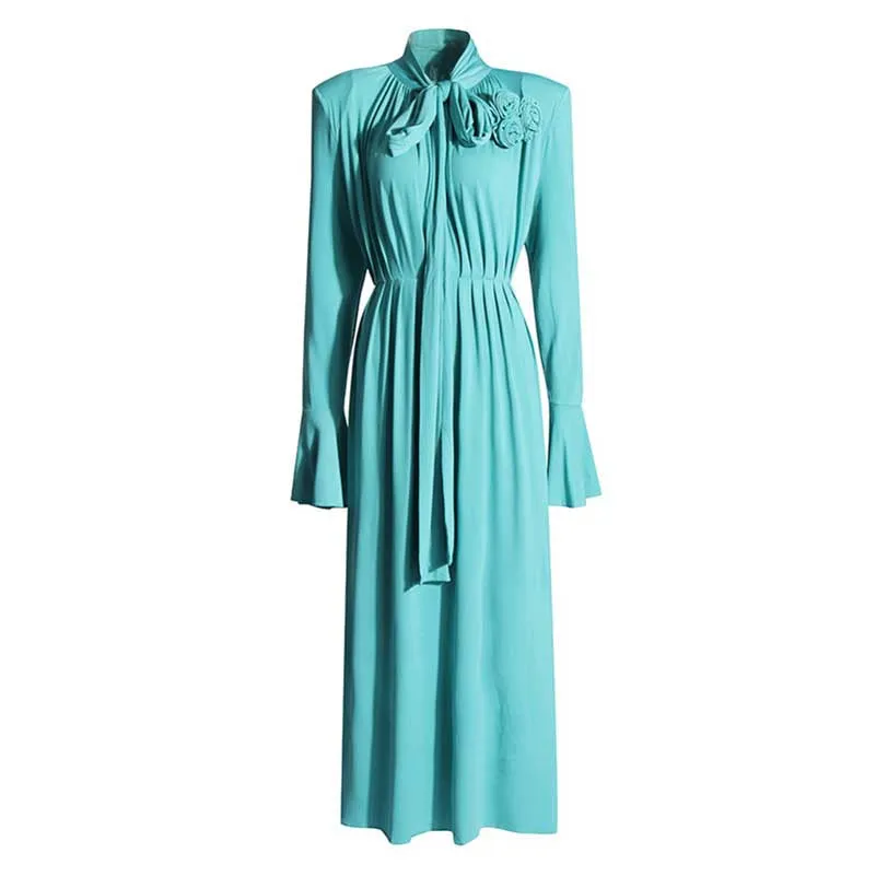 Women Long Flared Sleeve Formal Dress Shoulder Padded High Slit Event Dress