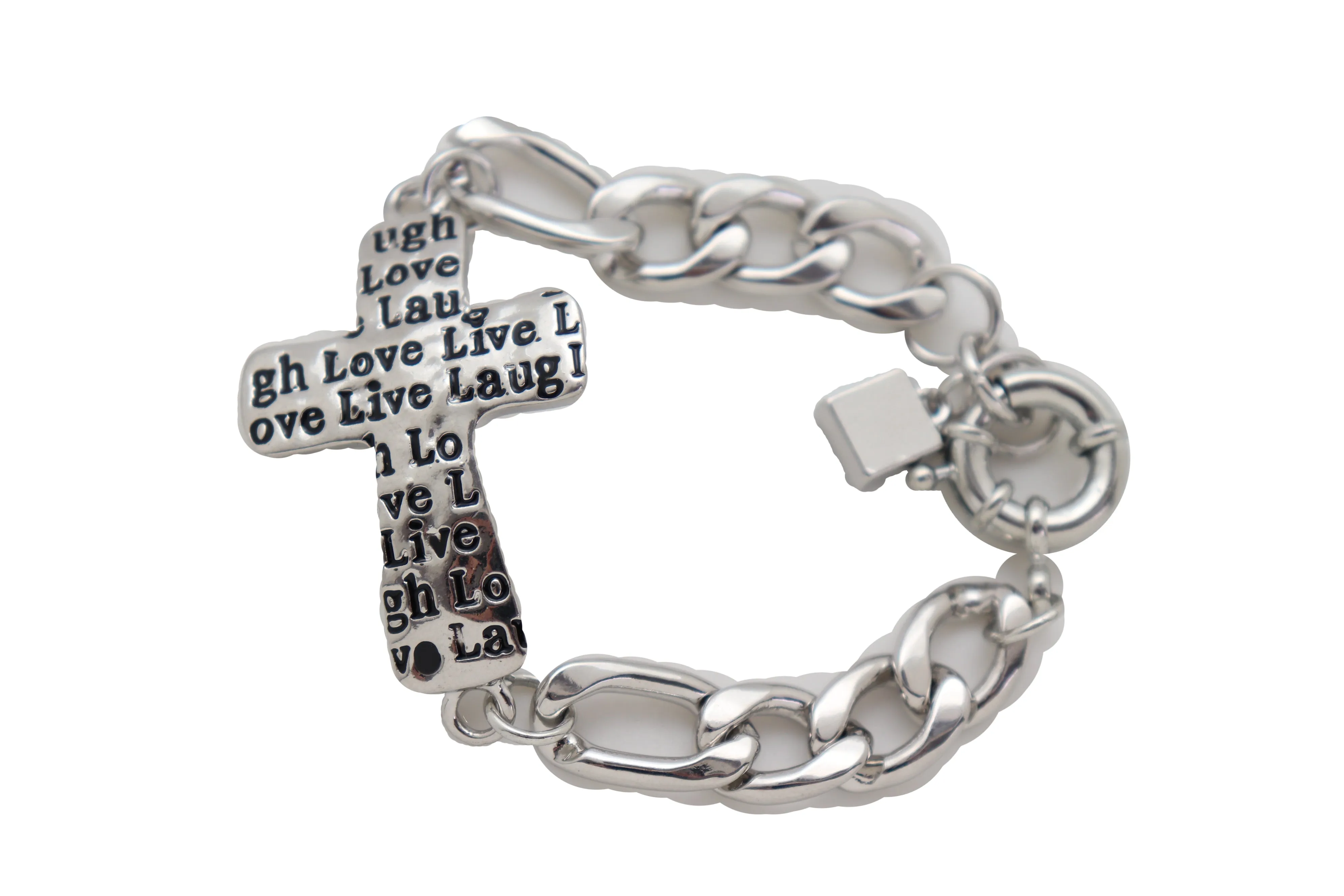 Women Silver Metal Chain Bracelet Cross Charm Love Live Laugh