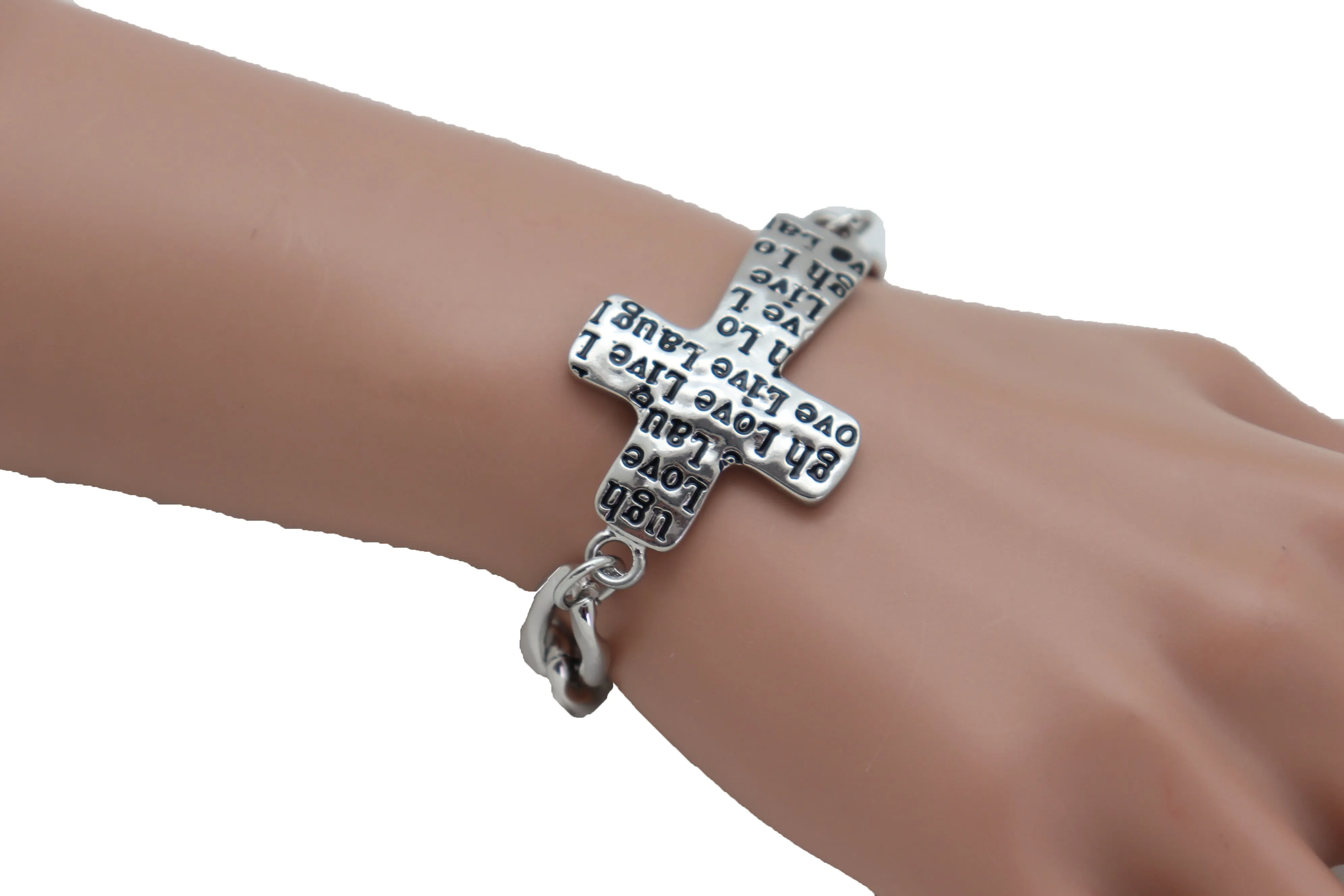 Women Silver Metal Chain Bracelet Cross Charm Love Live Laugh
