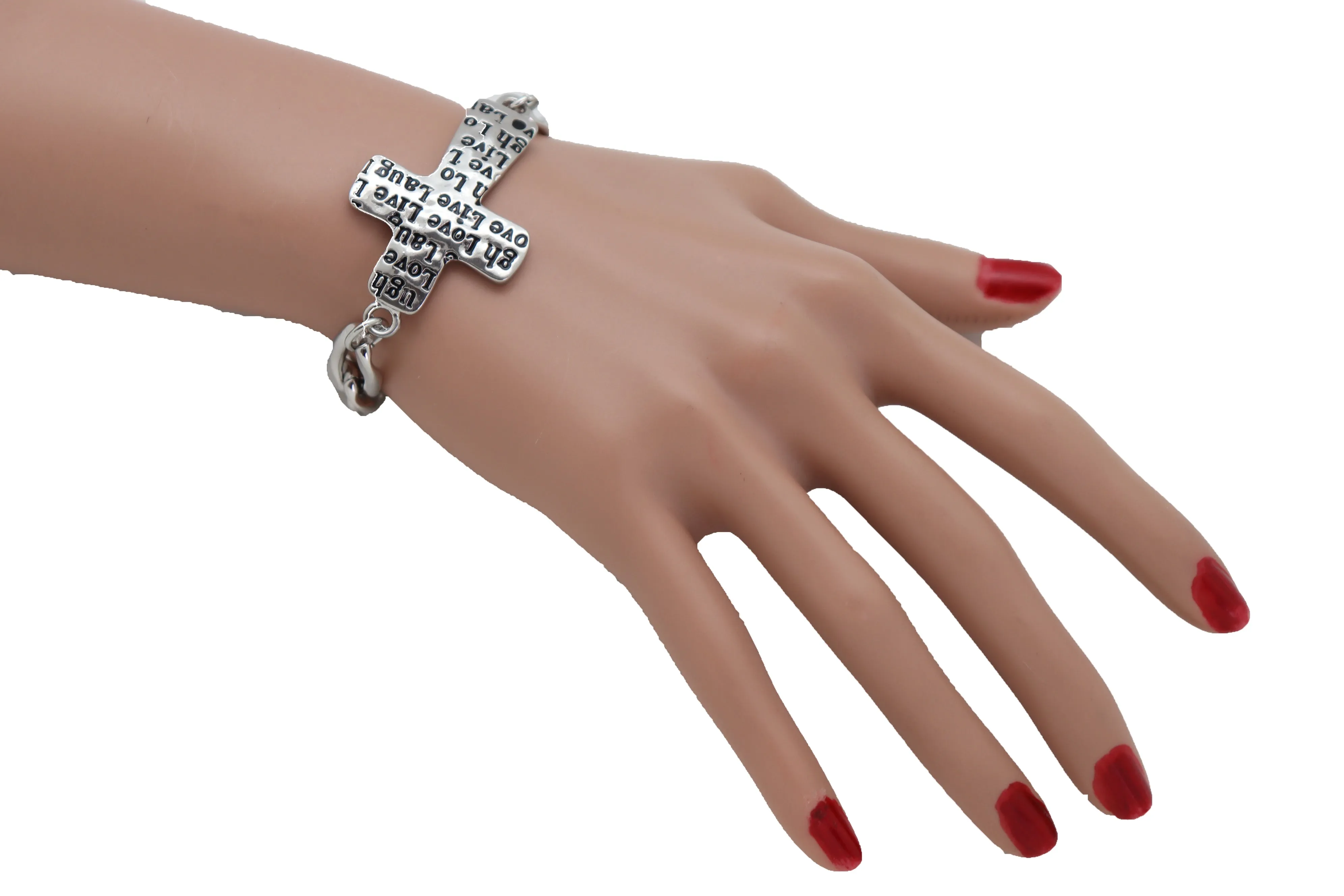 Women Silver Metal Chain Bracelet Cross Charm Love Live Laugh