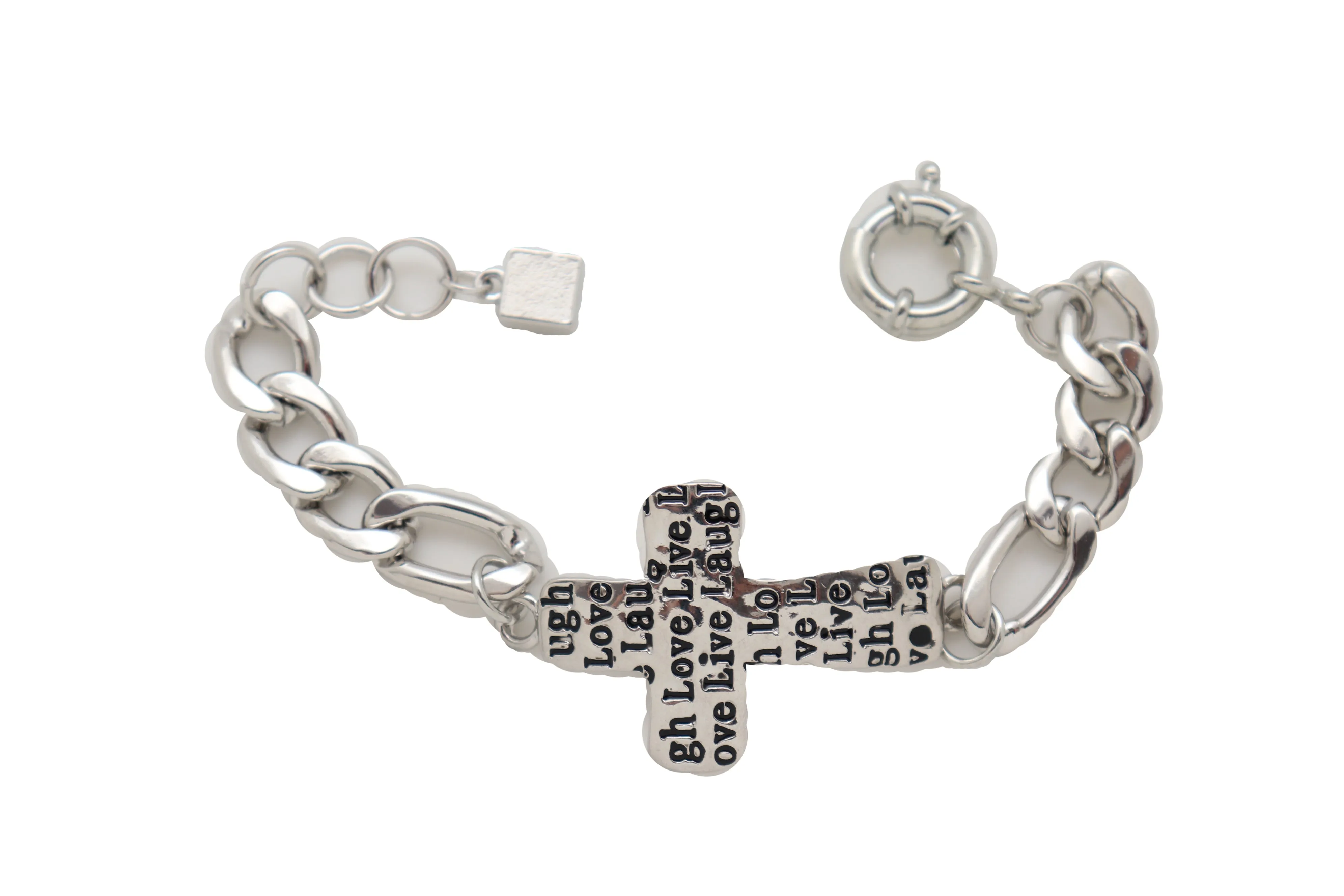 Women Silver Metal Chain Bracelet Cross Charm Love Live Laugh