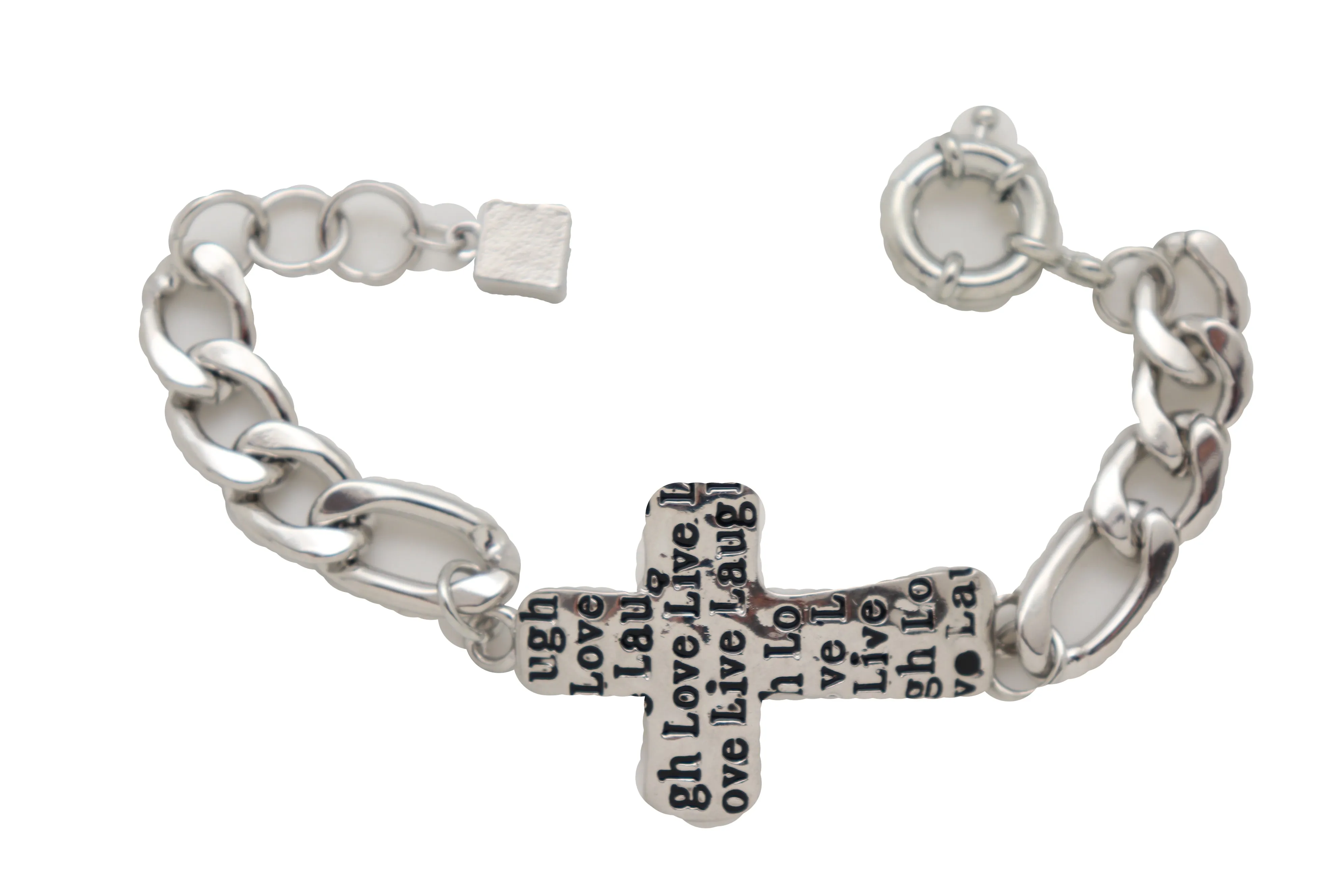 Women Silver Metal Chain Bracelet Cross Charm Love Live Laugh
