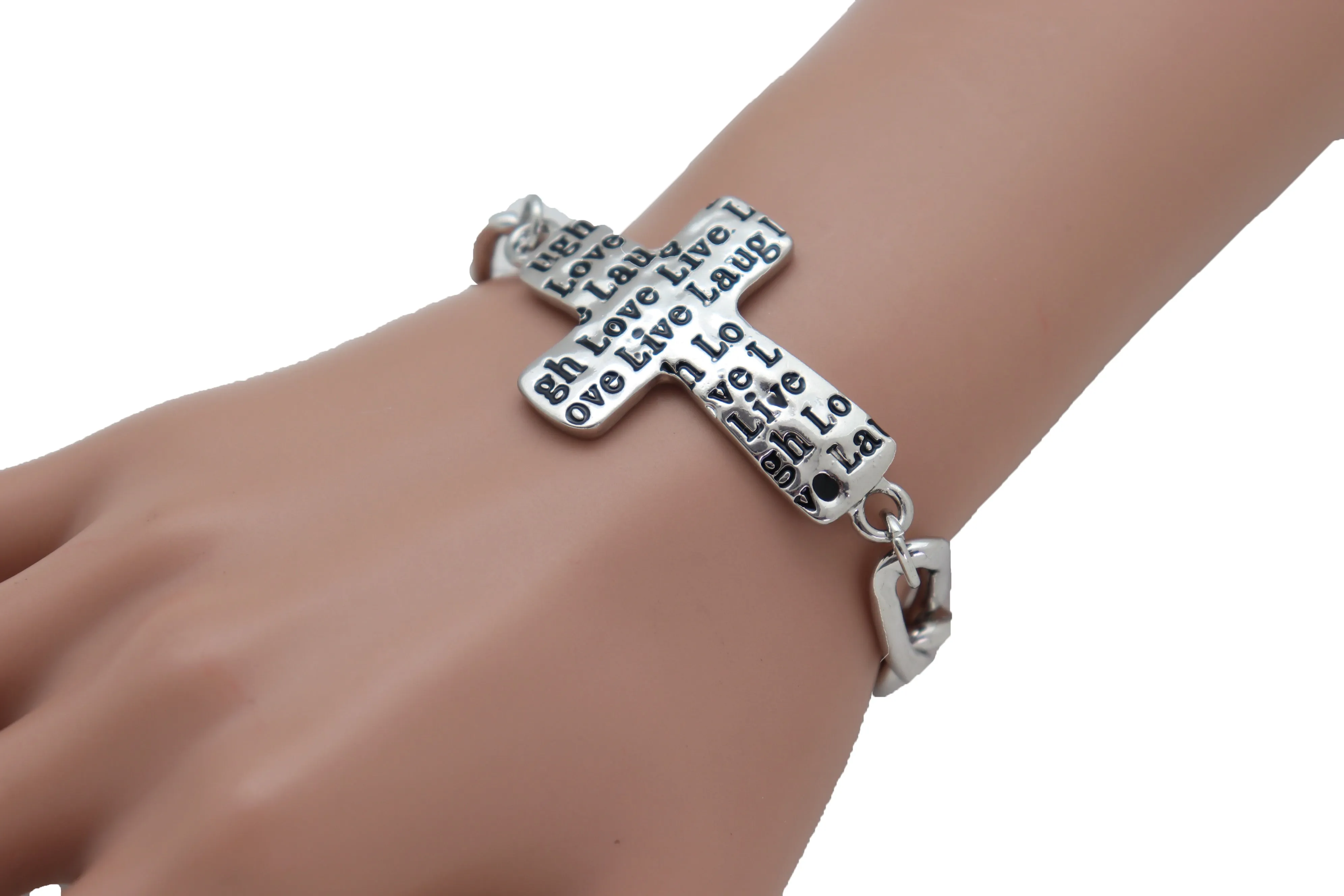 Women Silver Metal Chain Bracelet Cross Charm Love Live Laugh