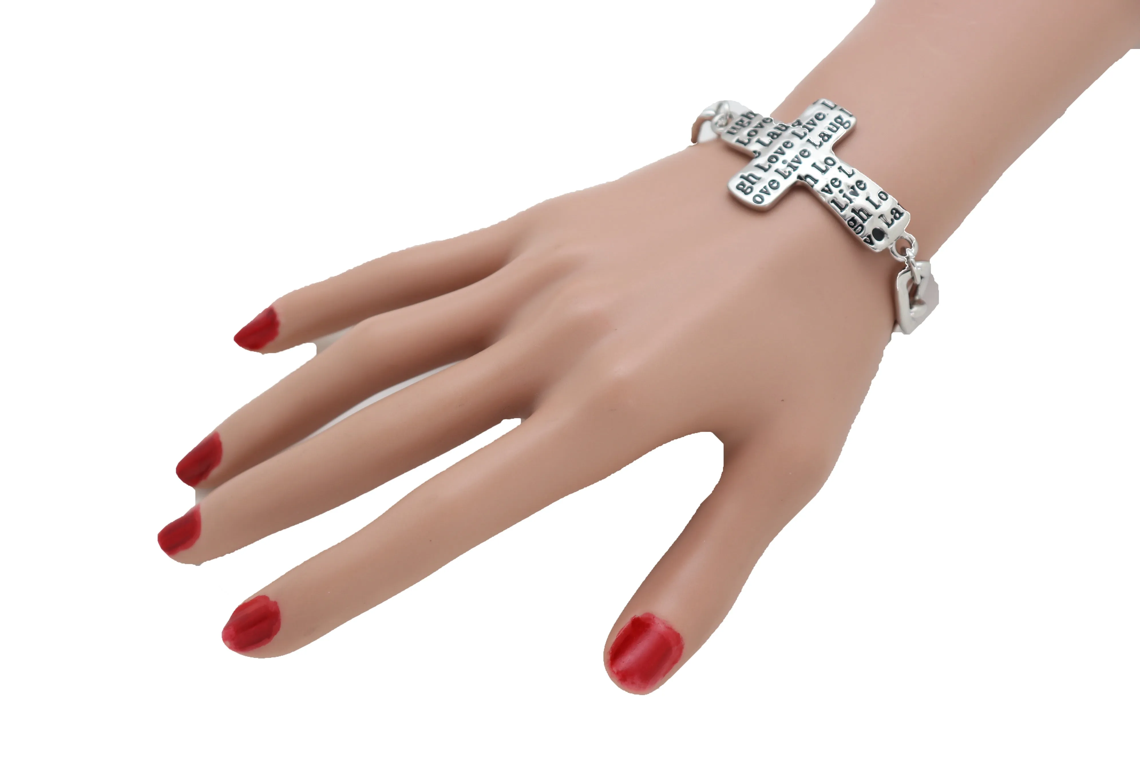 Women Silver Metal Chain Bracelet Cross Charm Love Live Laugh