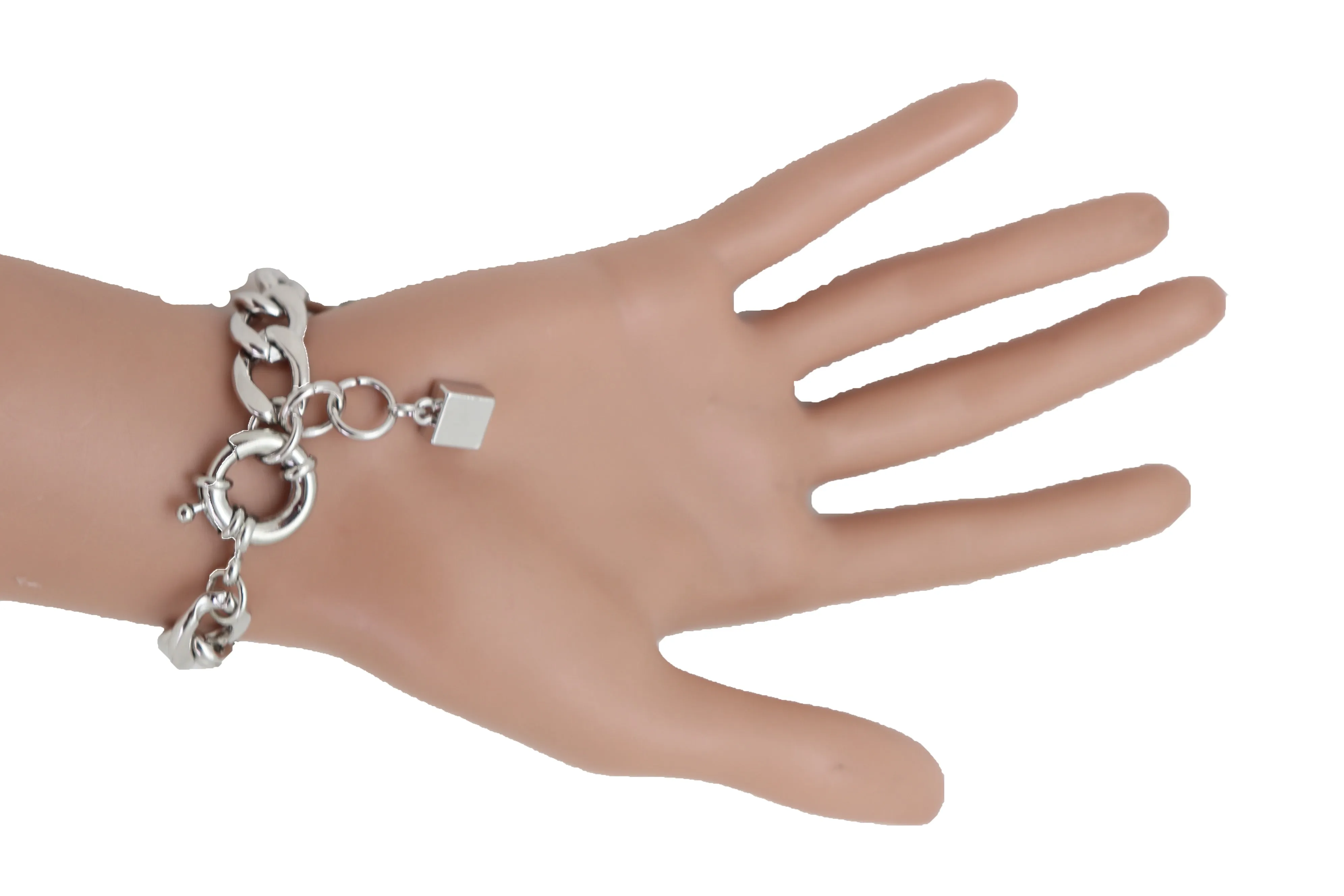 Women Silver Metal Chain Bracelet Cross Charm Love Live Laugh