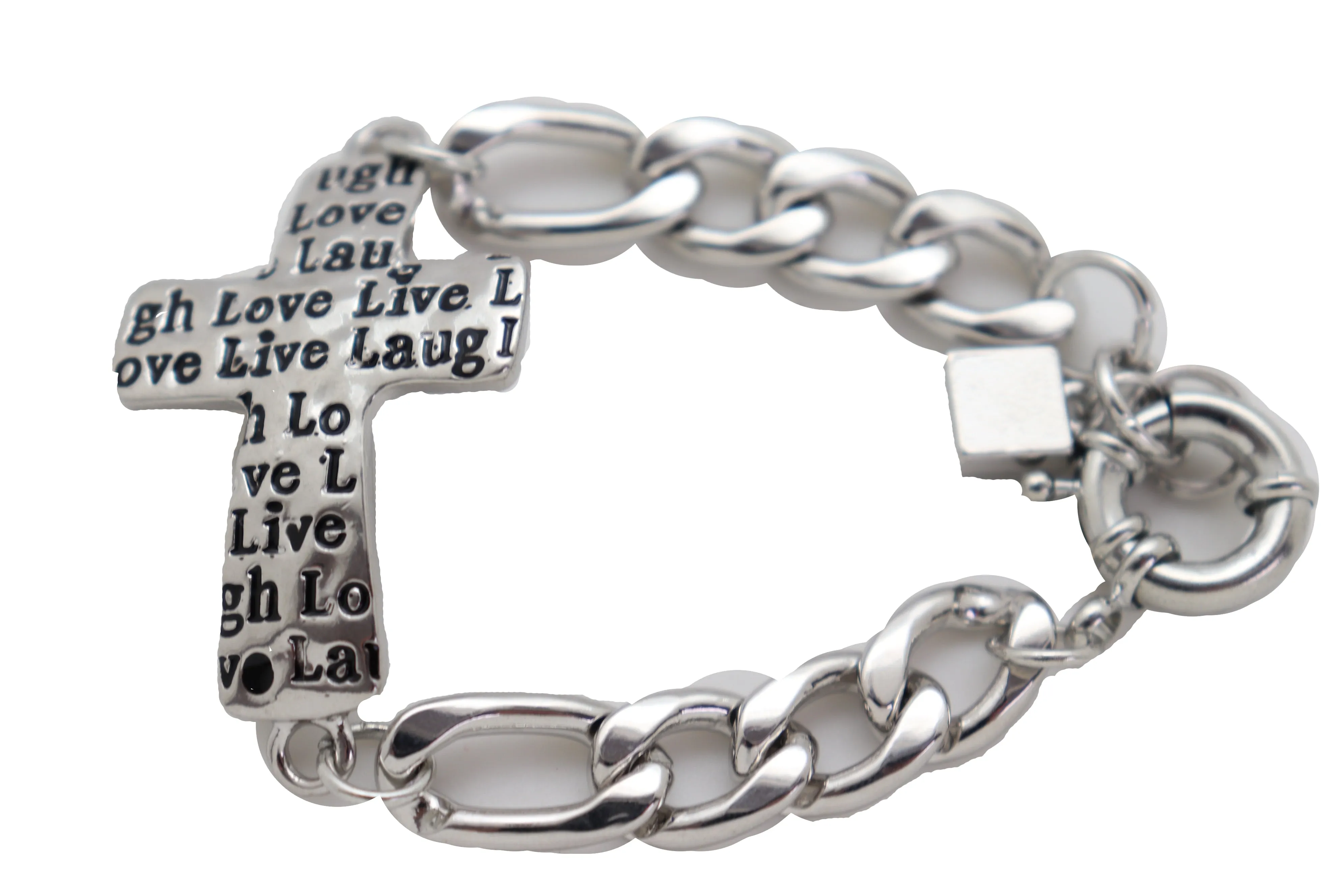 Women Silver Metal Chain Bracelet Cross Charm Love Live Laugh