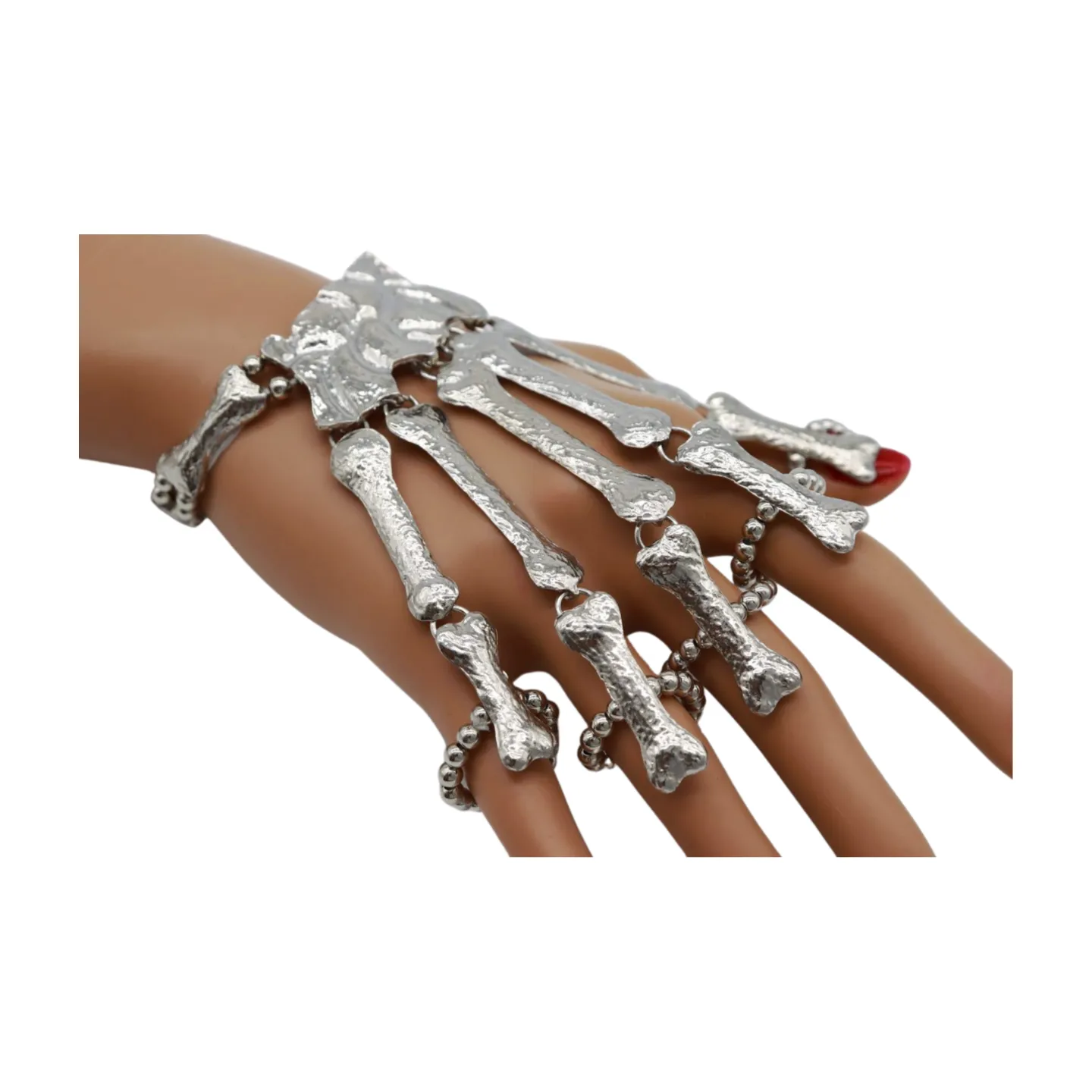 Women Silver Metal Hand Chain Bracelet 5 Finger Skeleton Ring