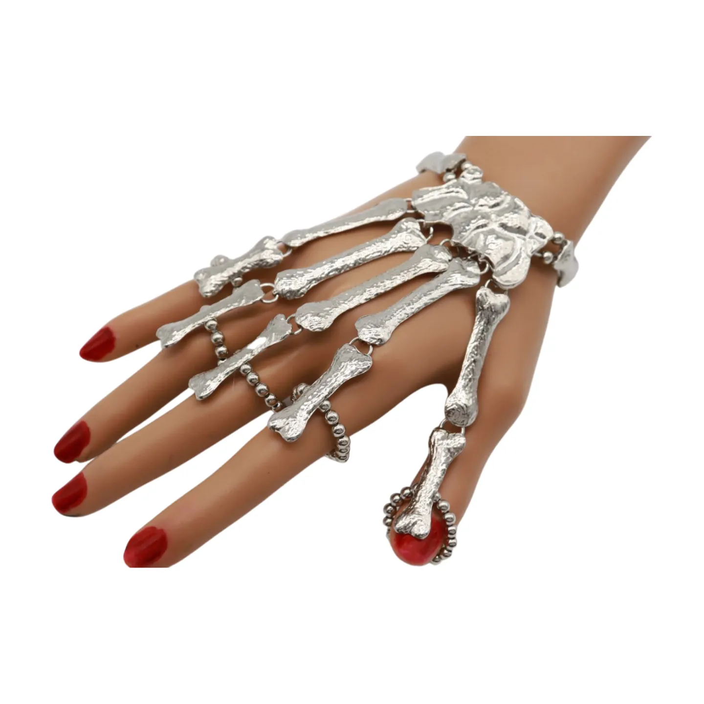 Women Silver Metal Hand Chain Bracelet 5 Finger Skeleton Ring