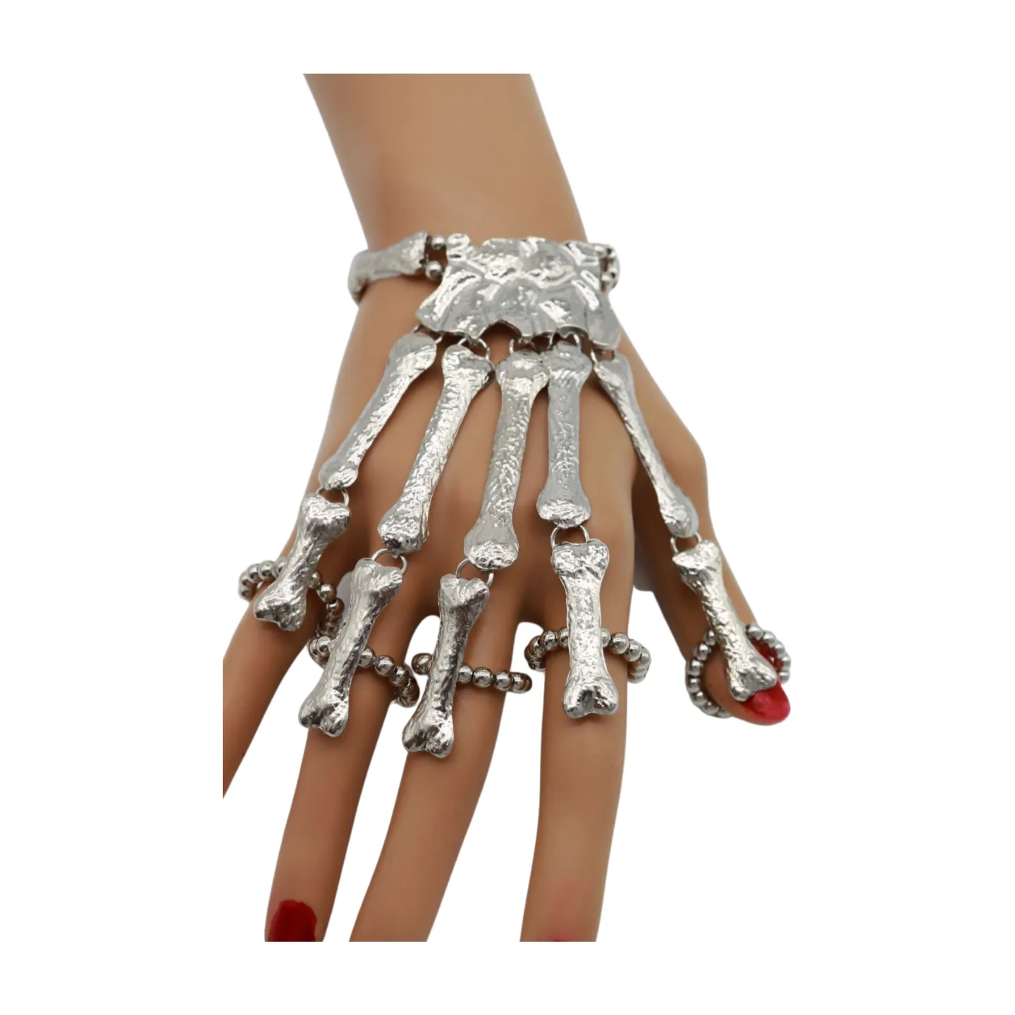 Women Silver Metal Hand Chain Bracelet 5 Finger Skeleton Ring