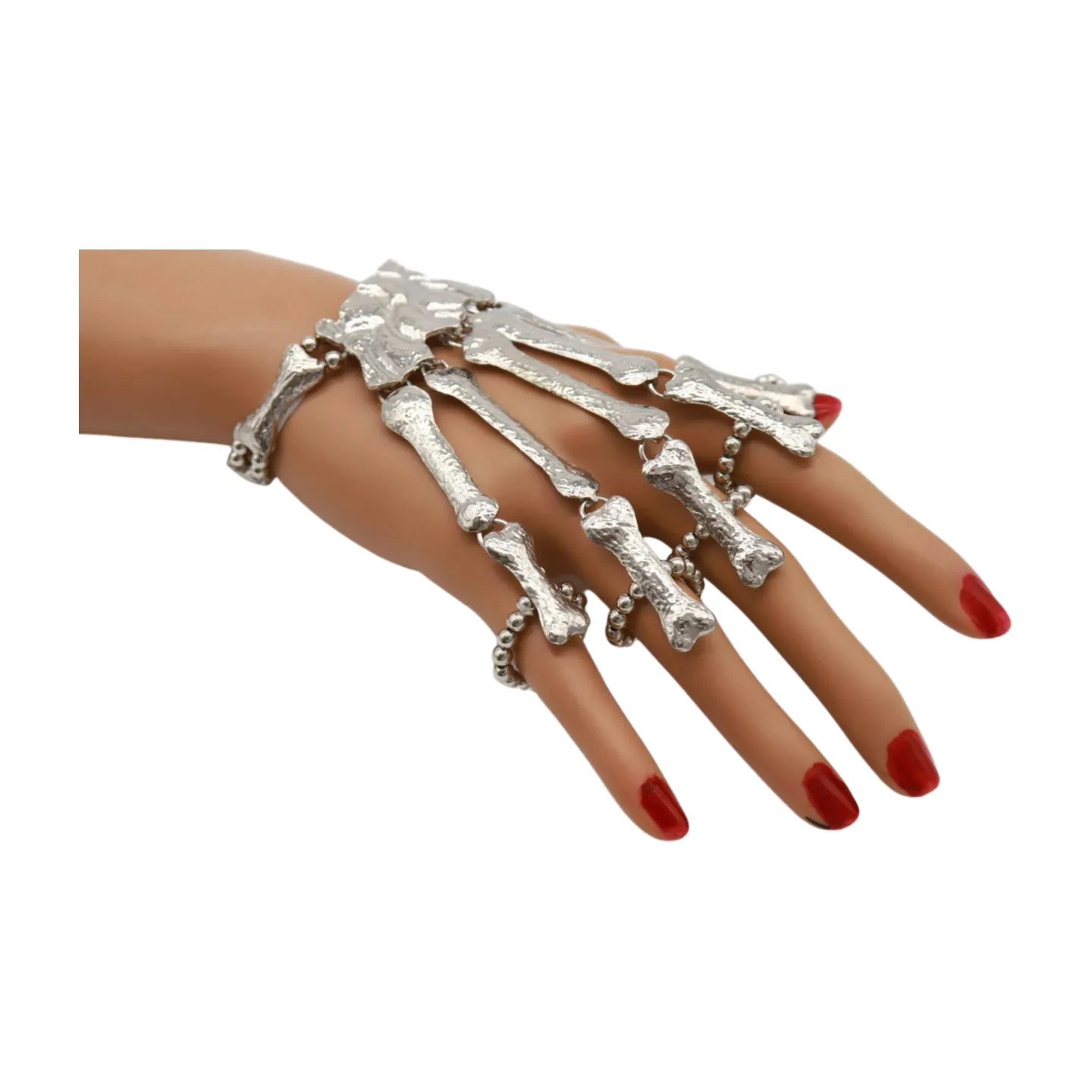 Women Silver Metal Hand Chain Bracelet 5 Finger Skeleton Ring