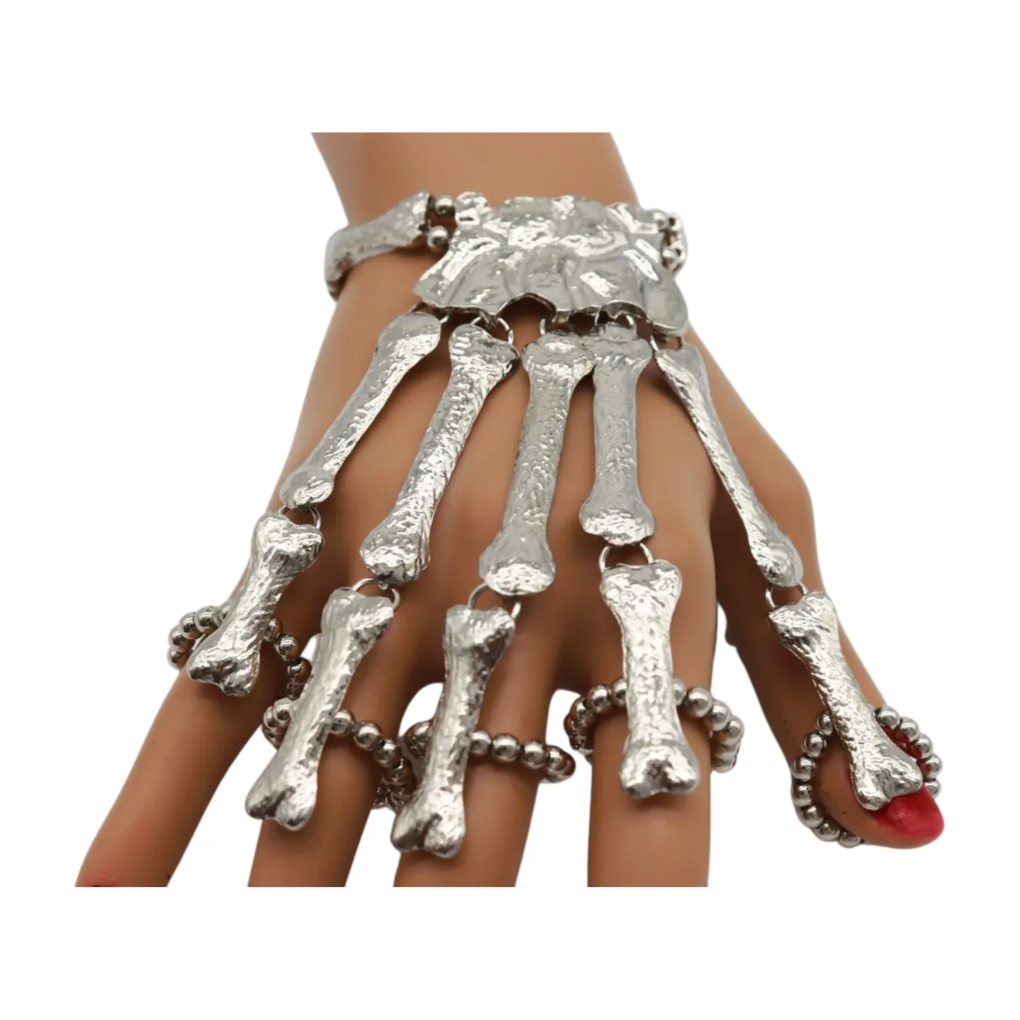 Women Silver Metal Hand Chain Bracelet 5 Finger Skeleton Ring