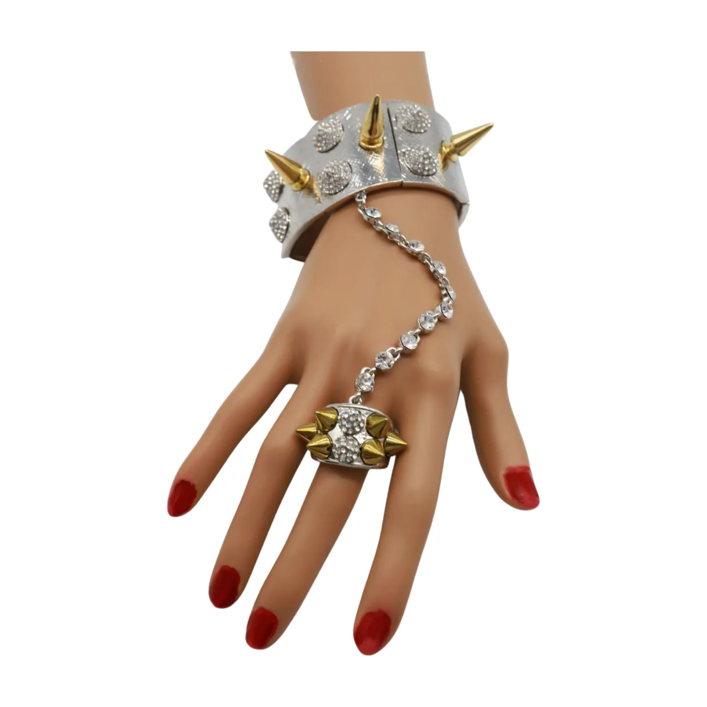 Women Silver Metal Hand Chain Gold Spikes Bracelet Ring