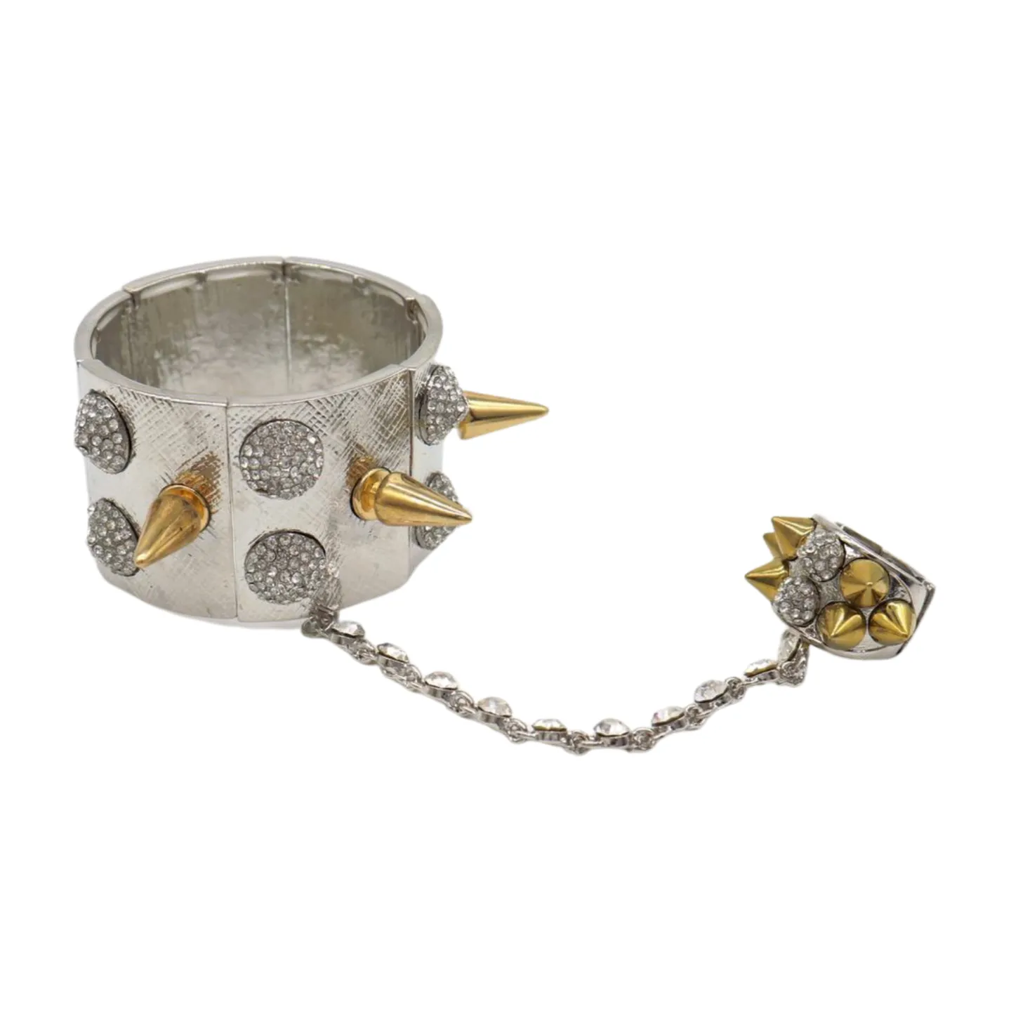Women Silver Metal Hand Chain Gold Spikes Bracelet Ring