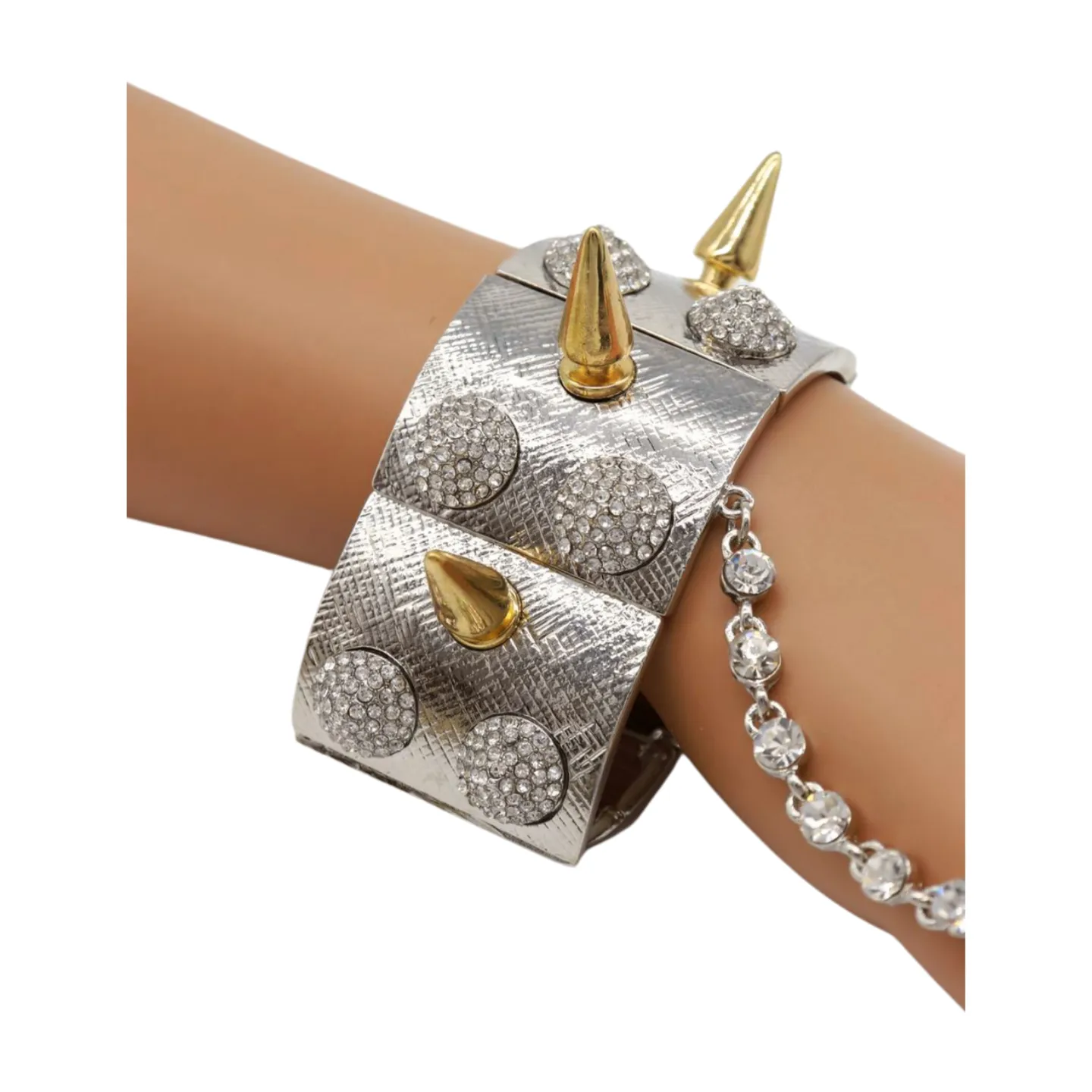 Women Silver Metal Hand Chain Gold Spikes Bracelet Ring