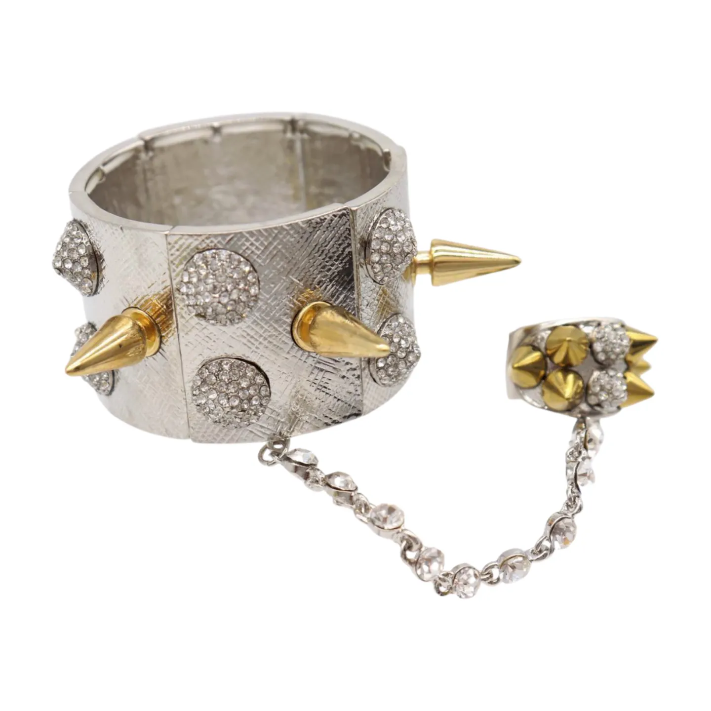 Women Silver Metal Hand Chain Gold Spikes Bracelet Ring