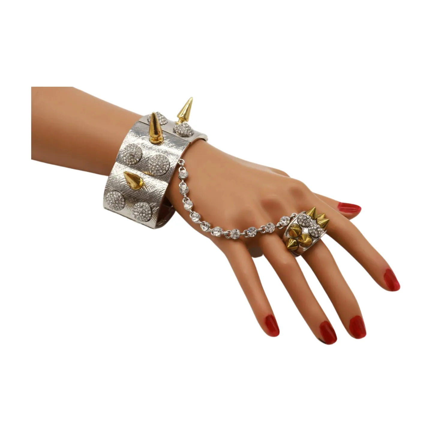 Women Silver Metal Hand Chain Gold Spikes Bracelet Ring
