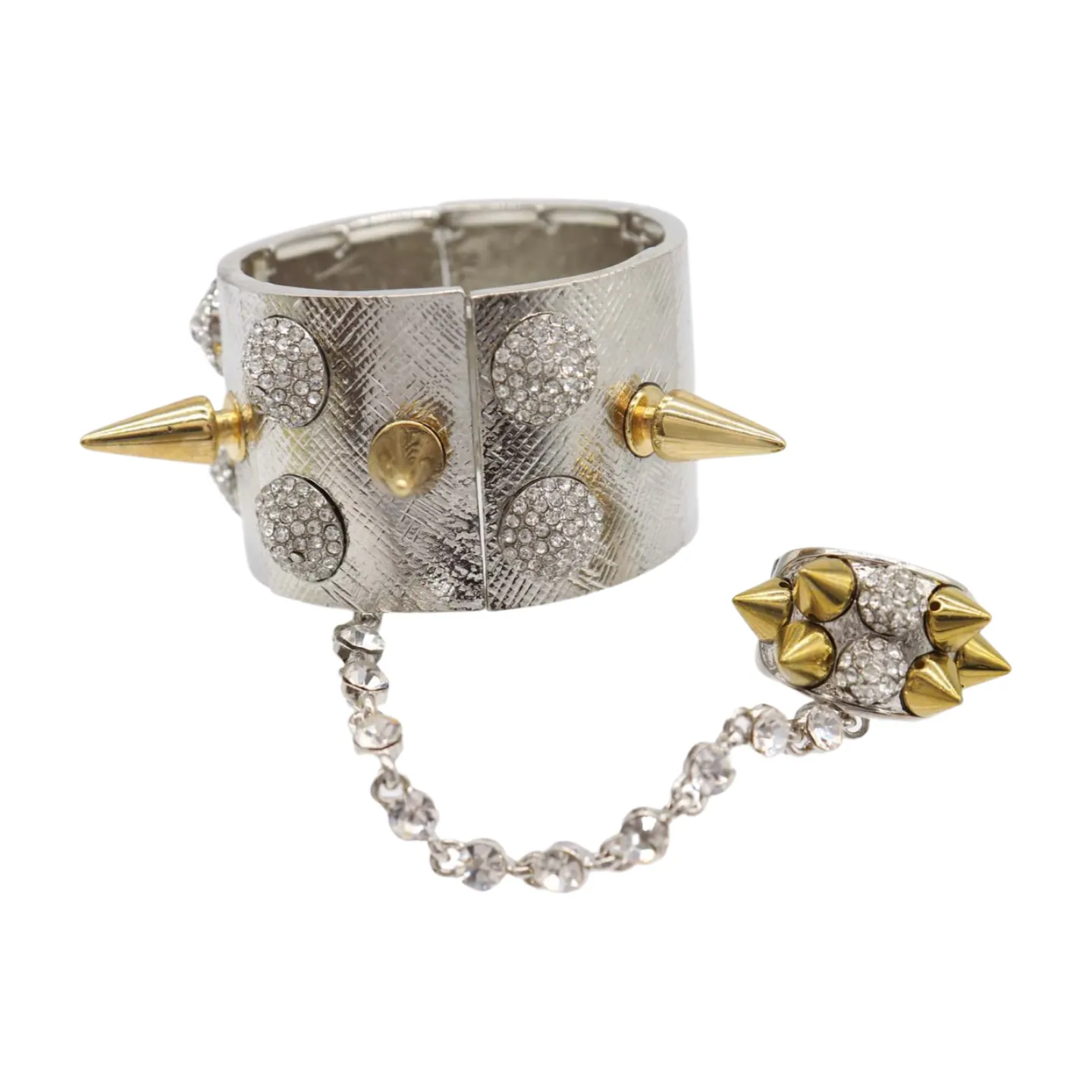 Women Silver Metal Hand Chain Gold Spikes Bracelet Ring