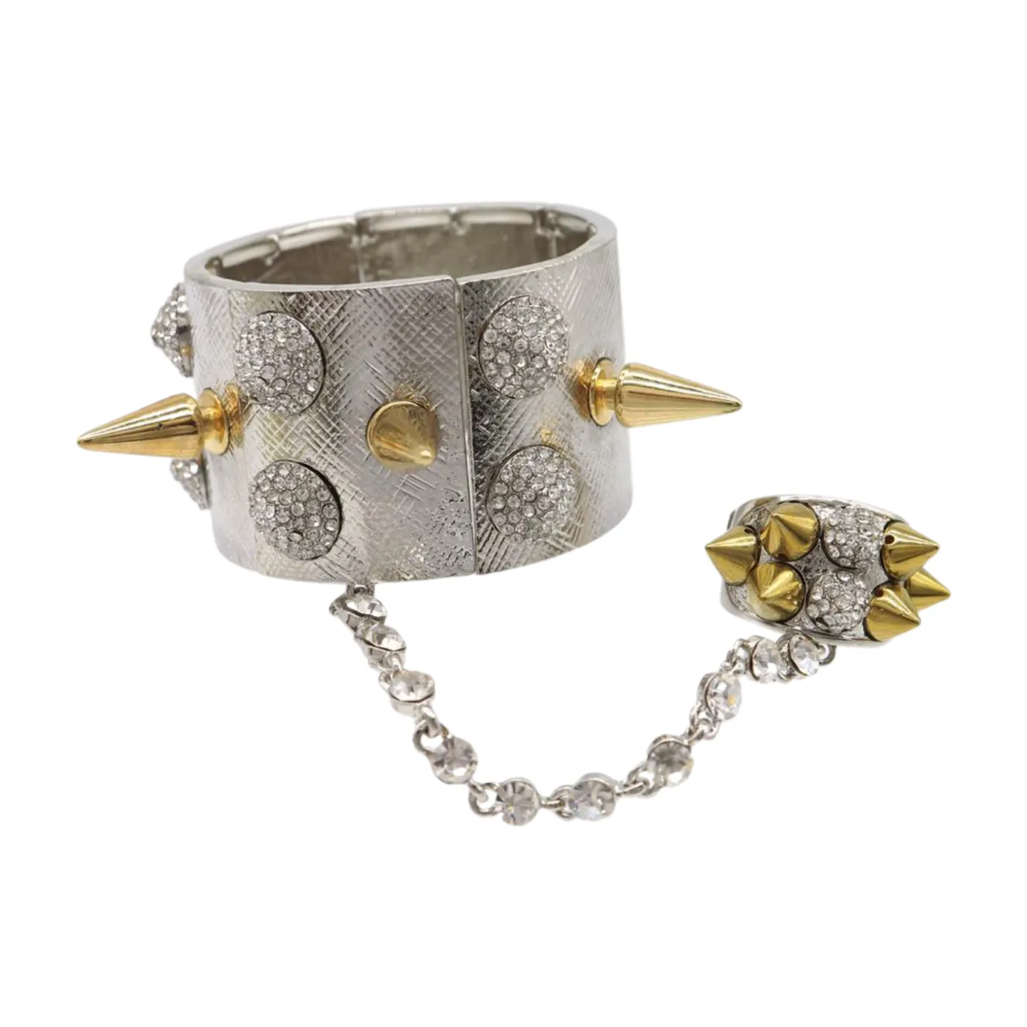 Women Silver Metal Hand Chain Gold Spikes Bracelet Ring