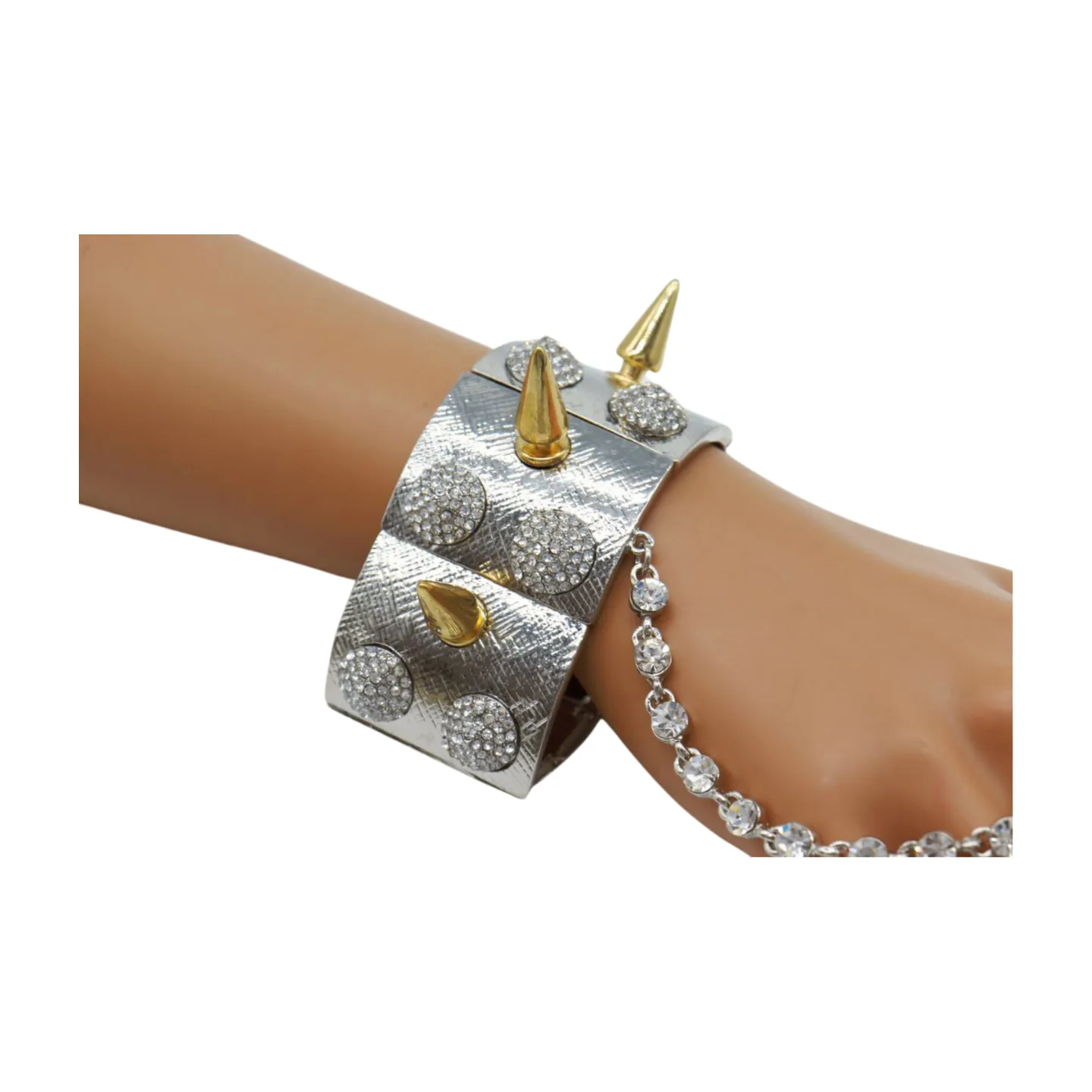 Women Silver Metal Hand Chain Gold Spikes Bracelet Ring