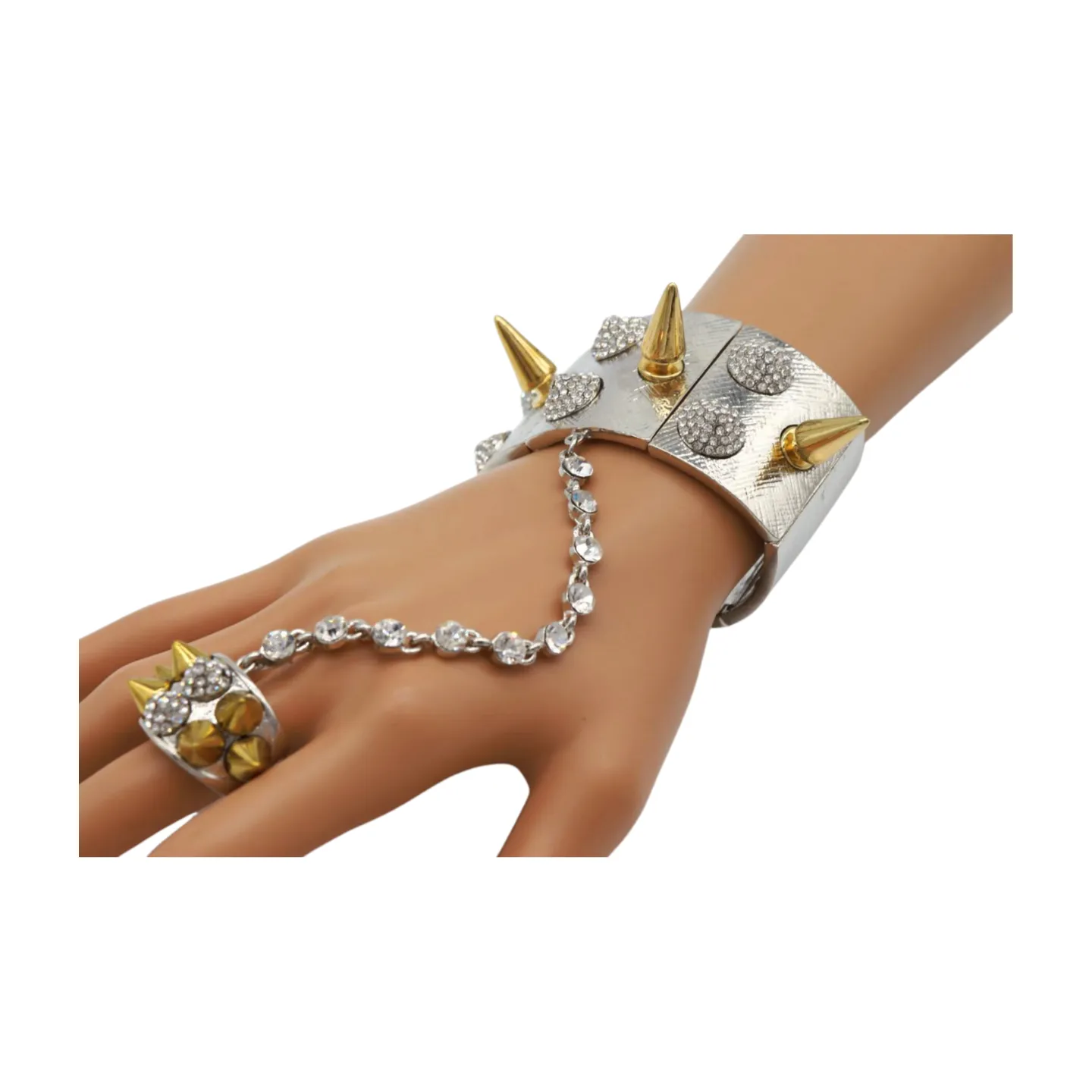 Women Silver Metal Hand Chain Gold Spikes Bracelet Ring