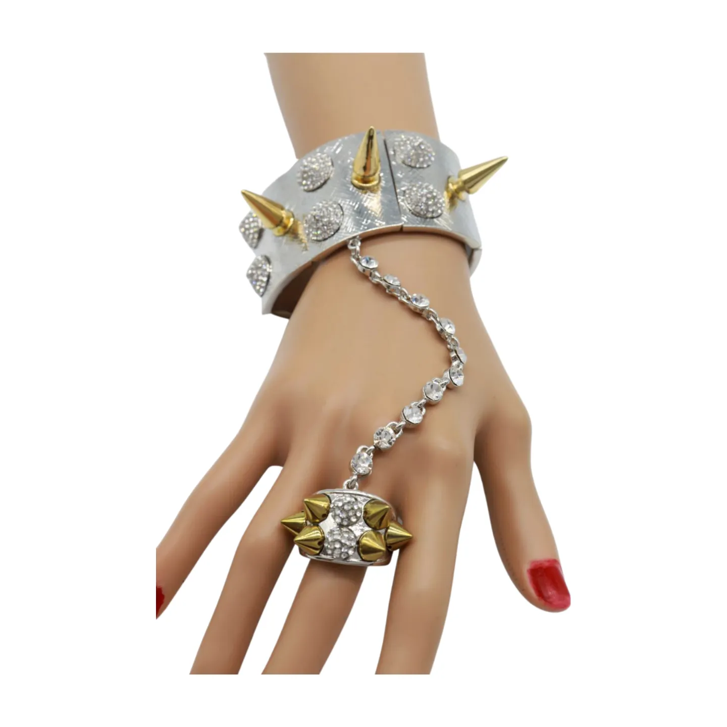 Women Silver Metal Hand Chain Gold Spikes Bracelet Ring