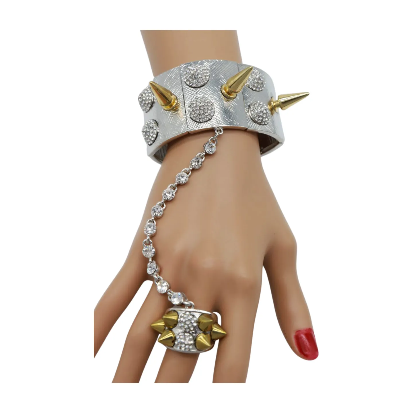 Women Silver Metal Hand Chain Gold Spikes Bracelet Ring