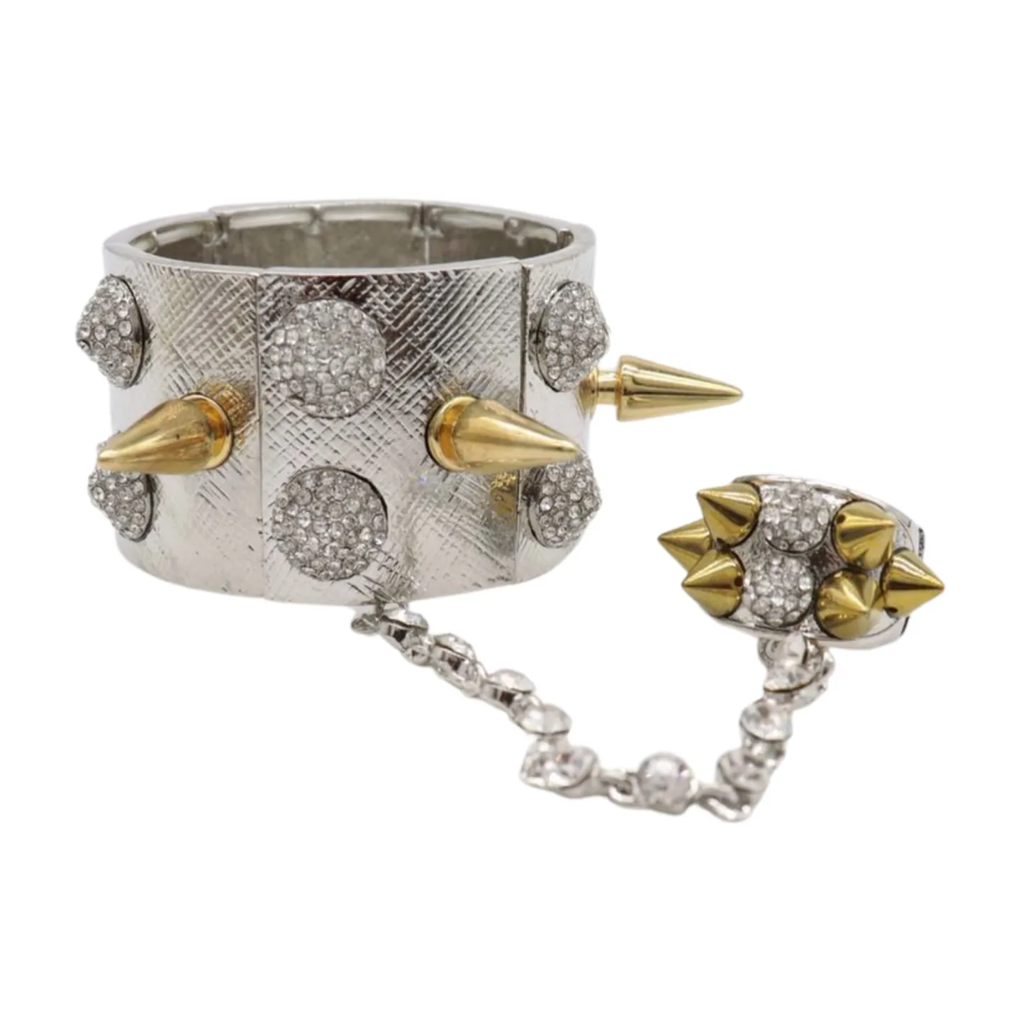 Women Silver Metal Hand Chain Gold Spikes Bracelet Ring
