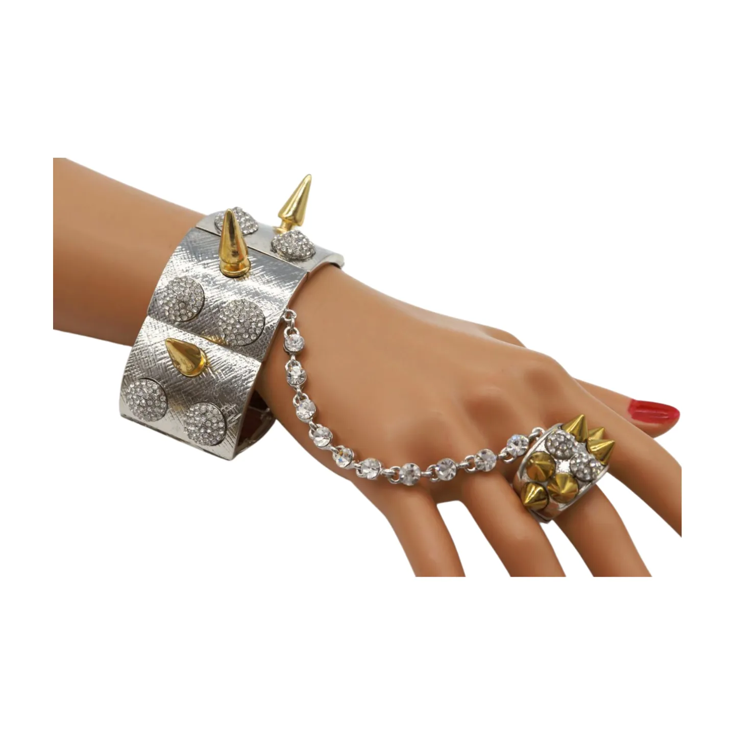 Women Silver Metal Hand Chain Gold Spikes Bracelet Ring