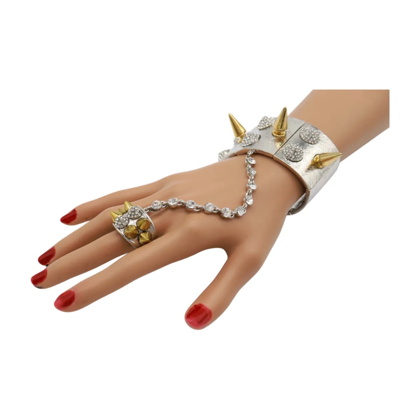 Women Silver Metal Hand Chain Gold Spikes Bracelet Ring