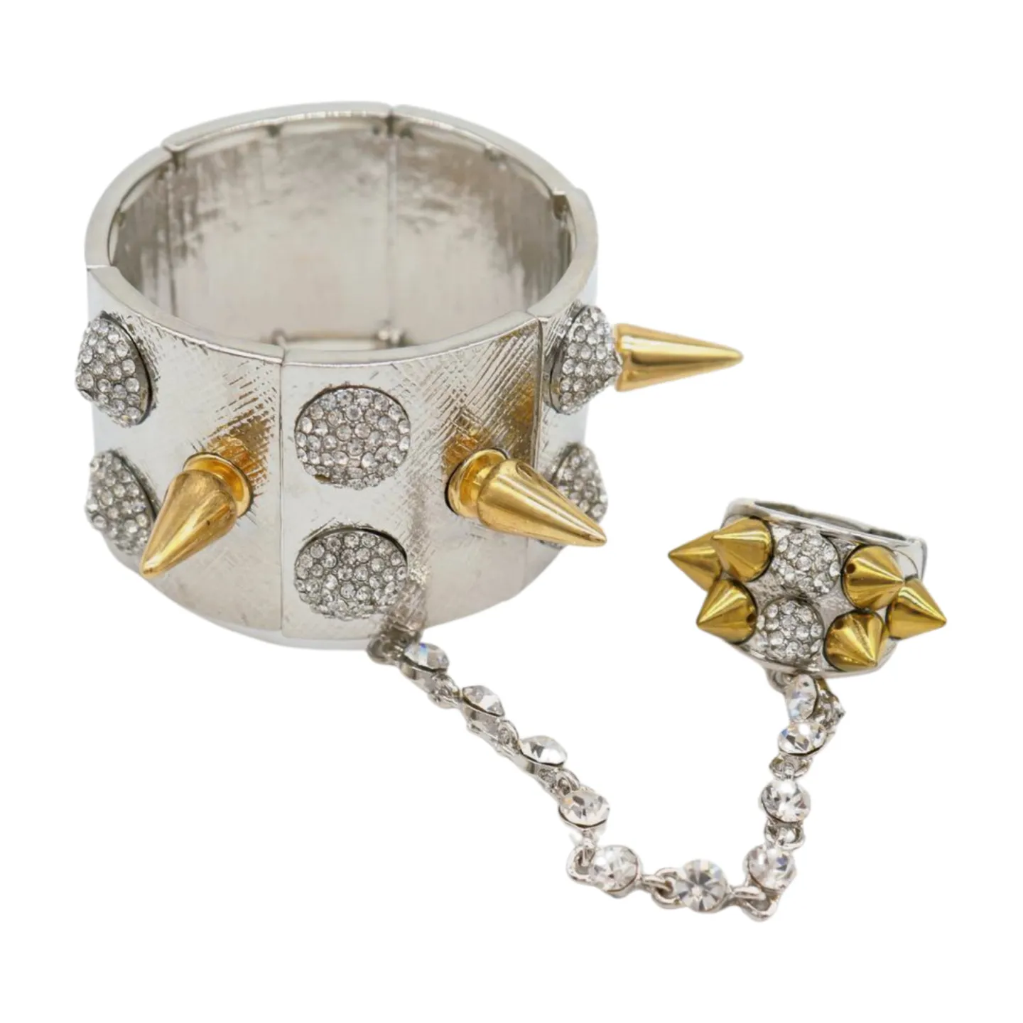 Women Silver Metal Hand Chain Gold Spikes Bracelet Ring