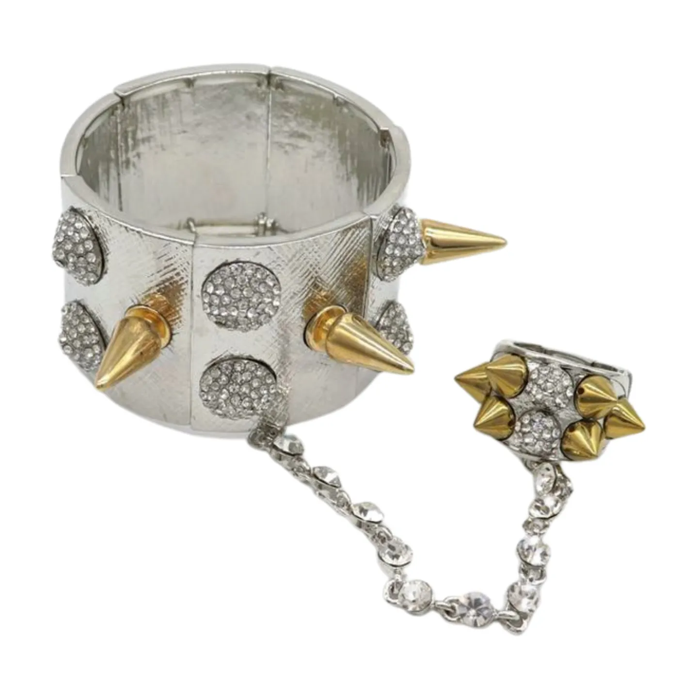 Women Silver Metal Hand Chain Gold Spikes Bracelet Ring