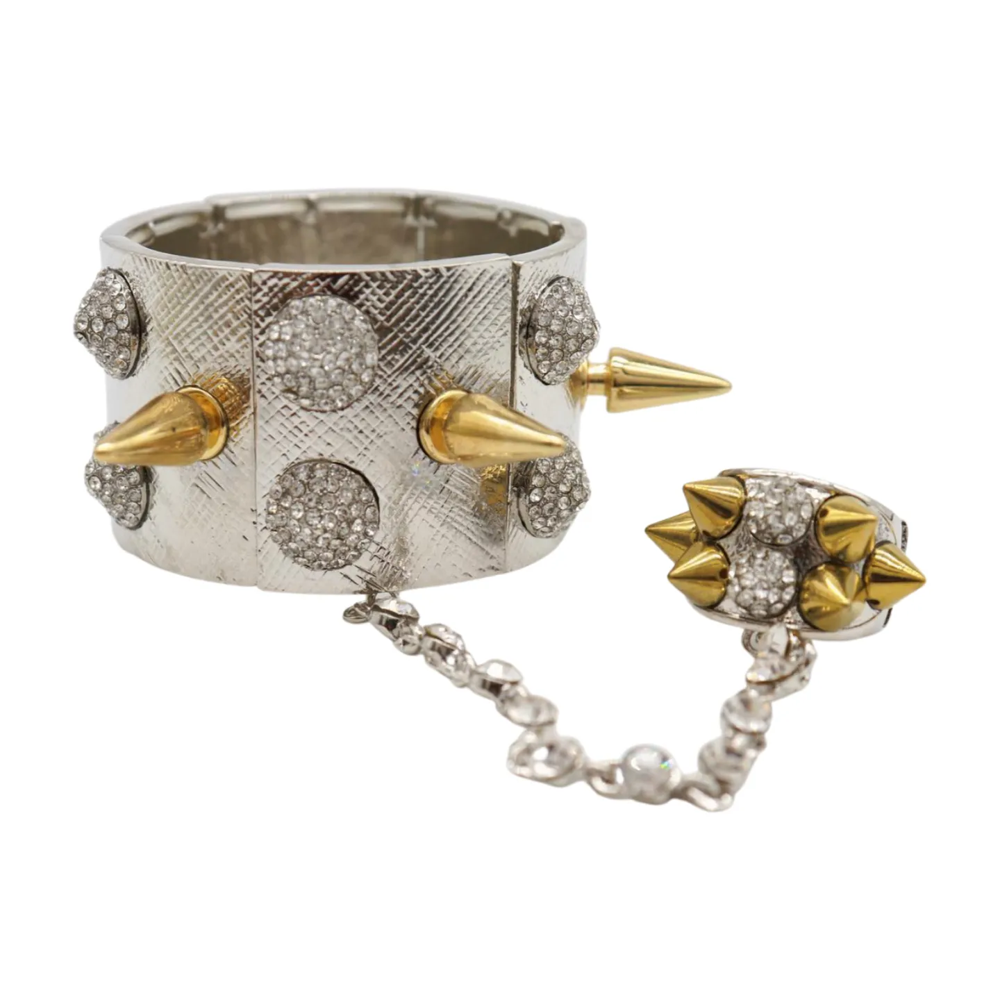 Women Silver Metal Hand Chain Gold Spikes Bracelet Ring