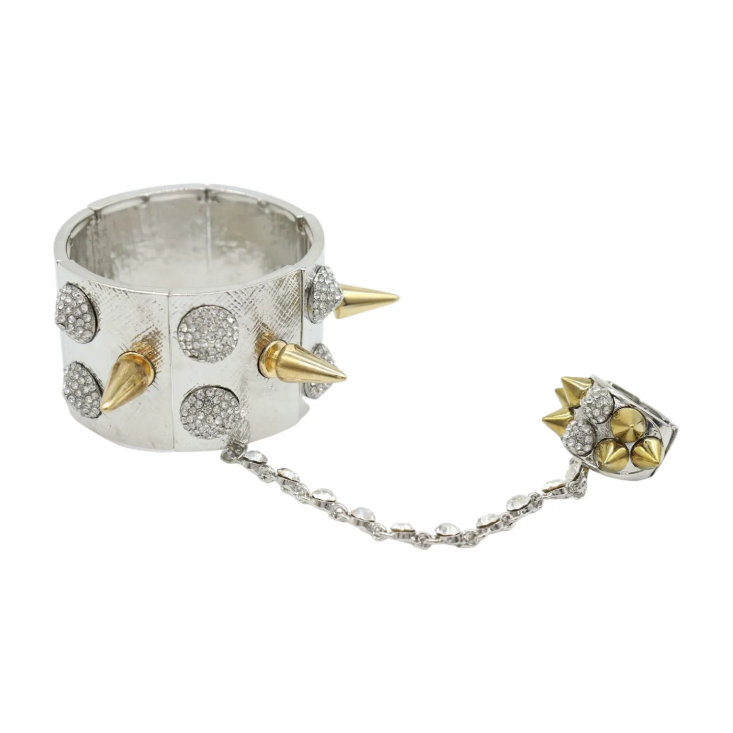Women Silver Metal Hand Chain Gold Spikes Bracelet Ring
