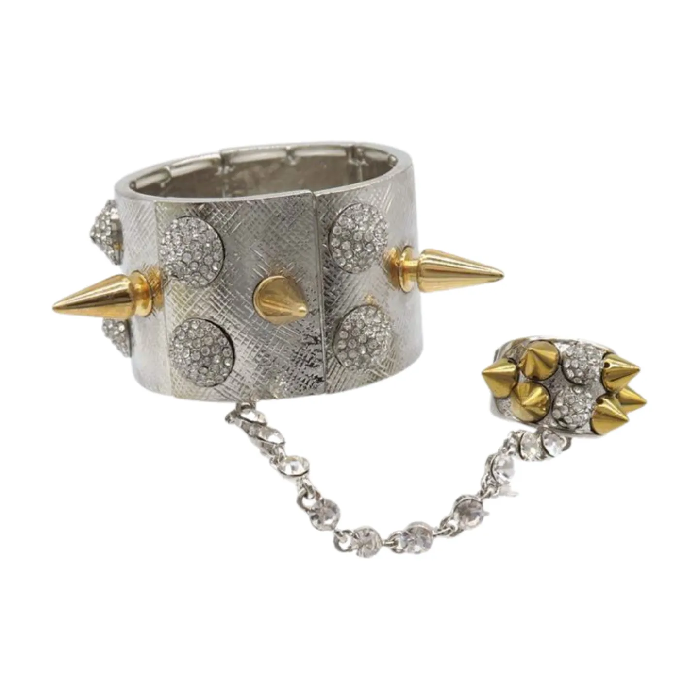 Women Silver Metal Hand Chain Gold Spikes Bracelet Ring