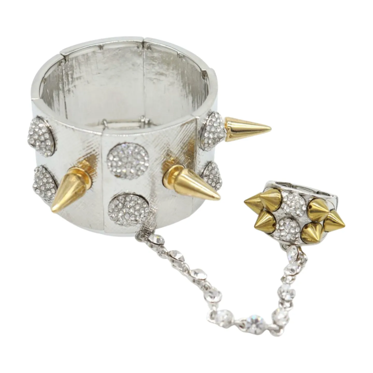 Women Silver Metal Hand Chain Gold Spikes Bracelet Ring