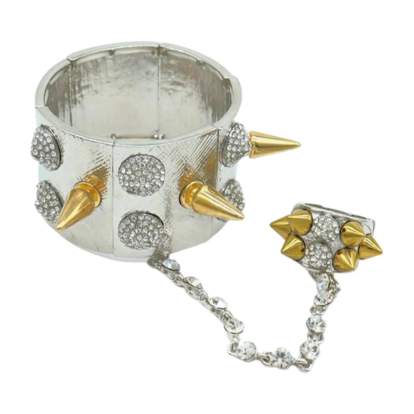 Women Silver Metal Hand Chain Gold Spikes Bracelet Ring