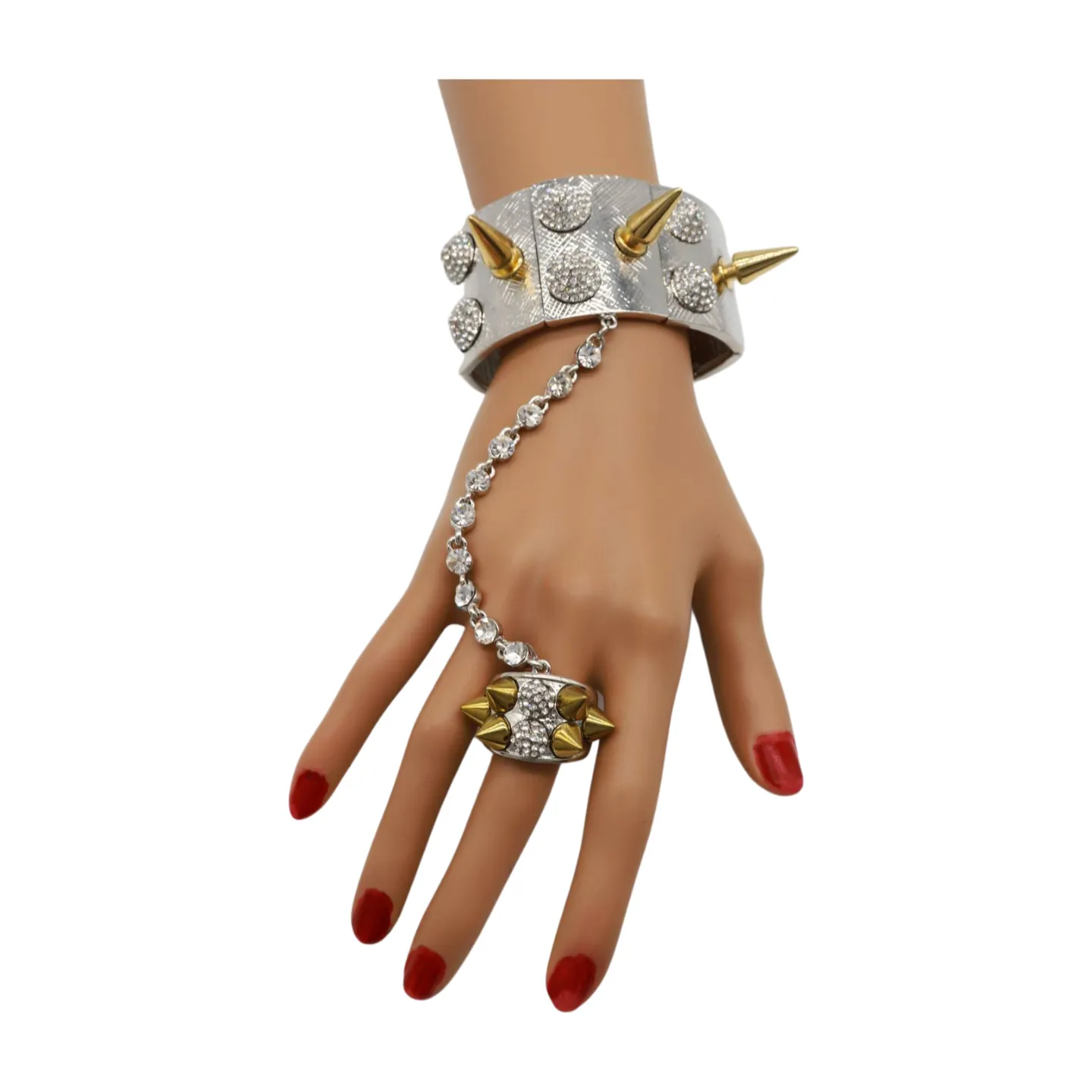 Women Silver Metal Hand Chain Gold Spikes Bracelet Ring