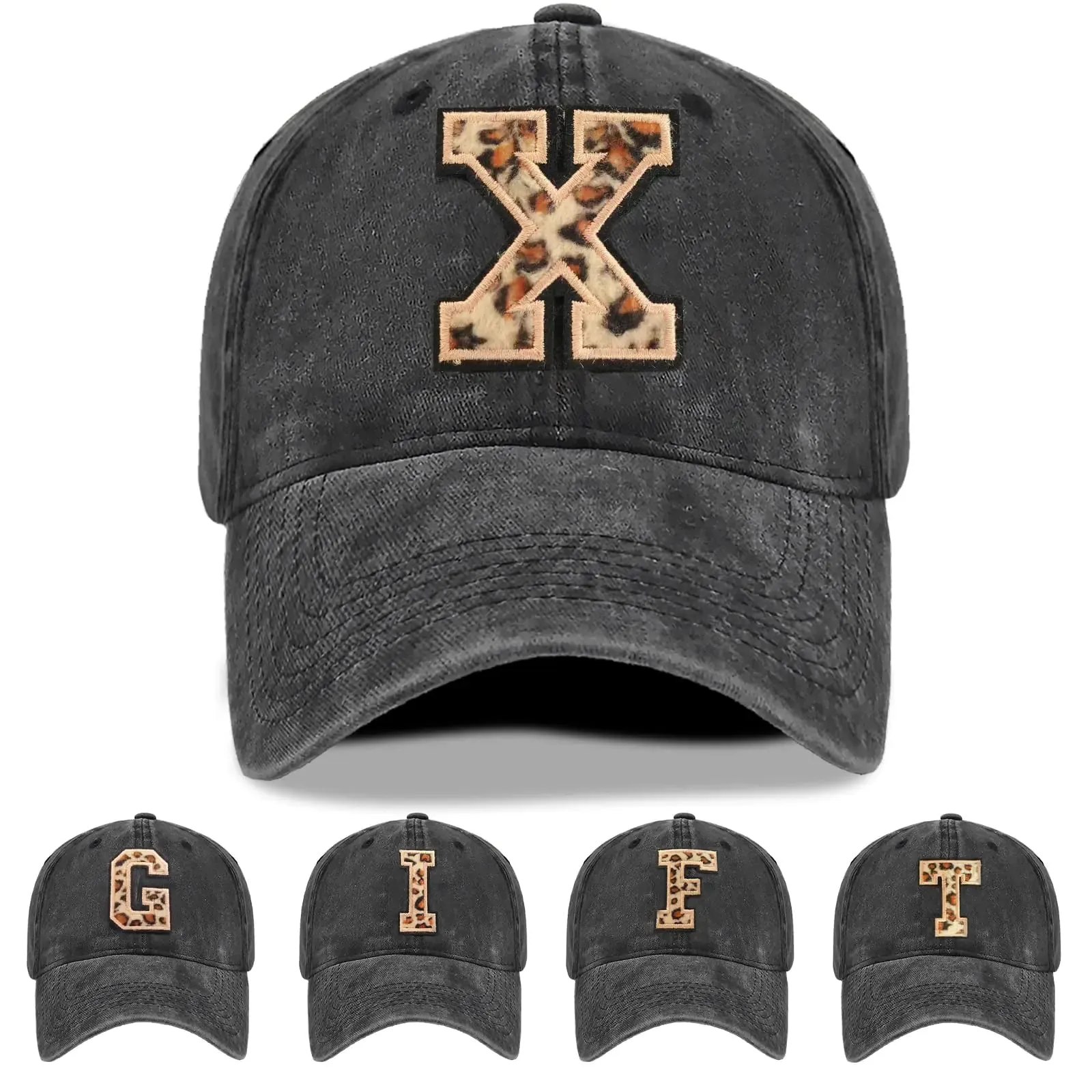 Womens Baseball Hat Initial Gifts Cheetah Baseball Cap Low Profile Caps for Men Black Embroidery Washed Adjustable Dad Hats (US Alpha One Size Black-X)