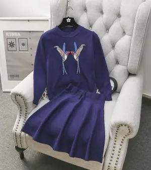 Women's Sequined Embroider Bird Sweater Top   A-line Skirt 2pcs Sets Ladies Vogue Knit Suits Red Black Blue