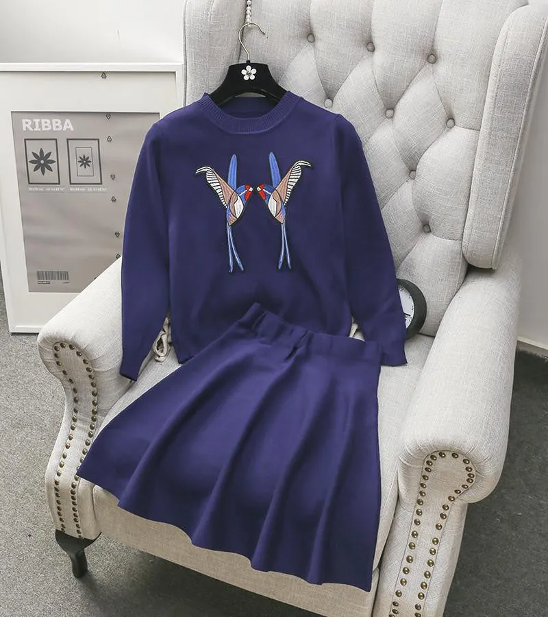 Women's Sequined Embroider Bird Sweater Top   A-line Skirt 2pcs Sets Ladies Vogue Knit Suits Red Black Blue